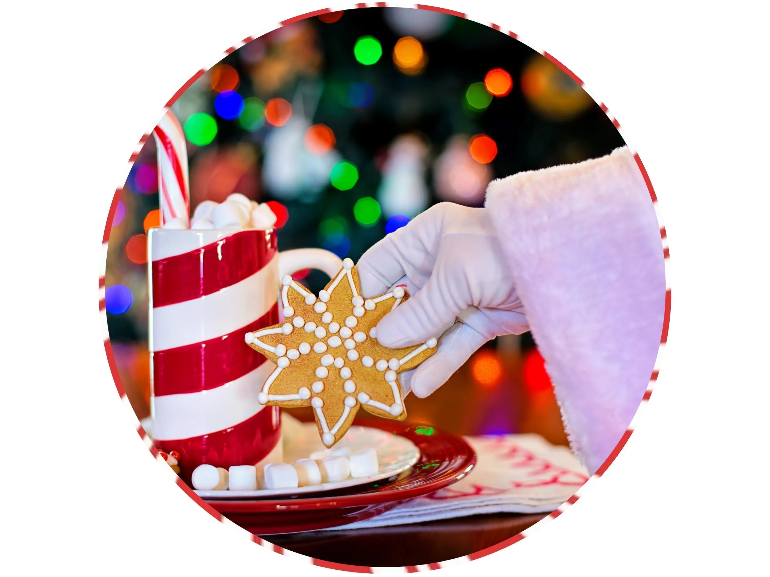 Letrero realista de corona de galletas y chocolate caliente de Navidad con mano de Papá Noel, letrero de Papá Noel con galletas y leche, letrero para diciembre