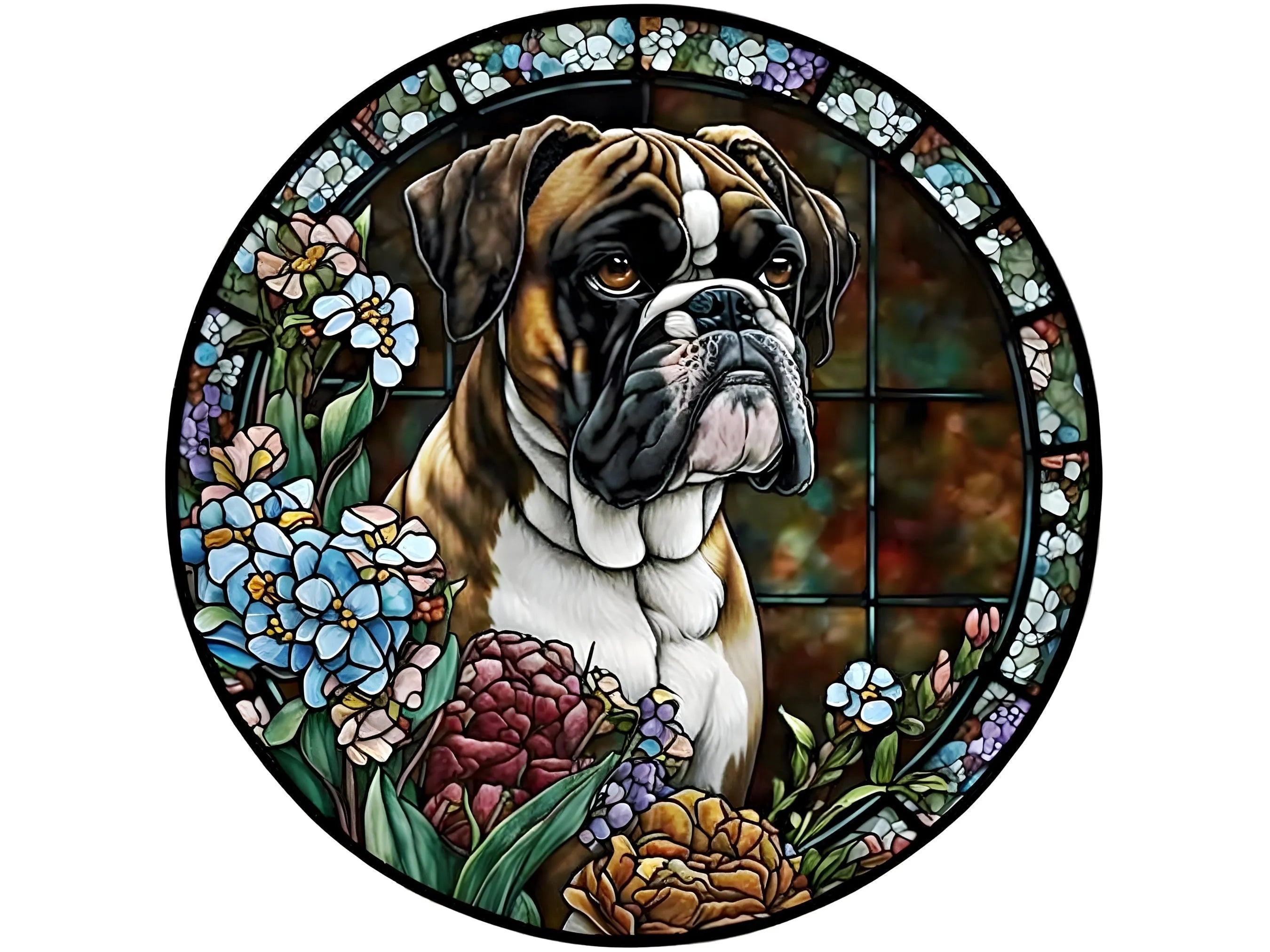 realistic stained glass boxer wreath sign, dog sign