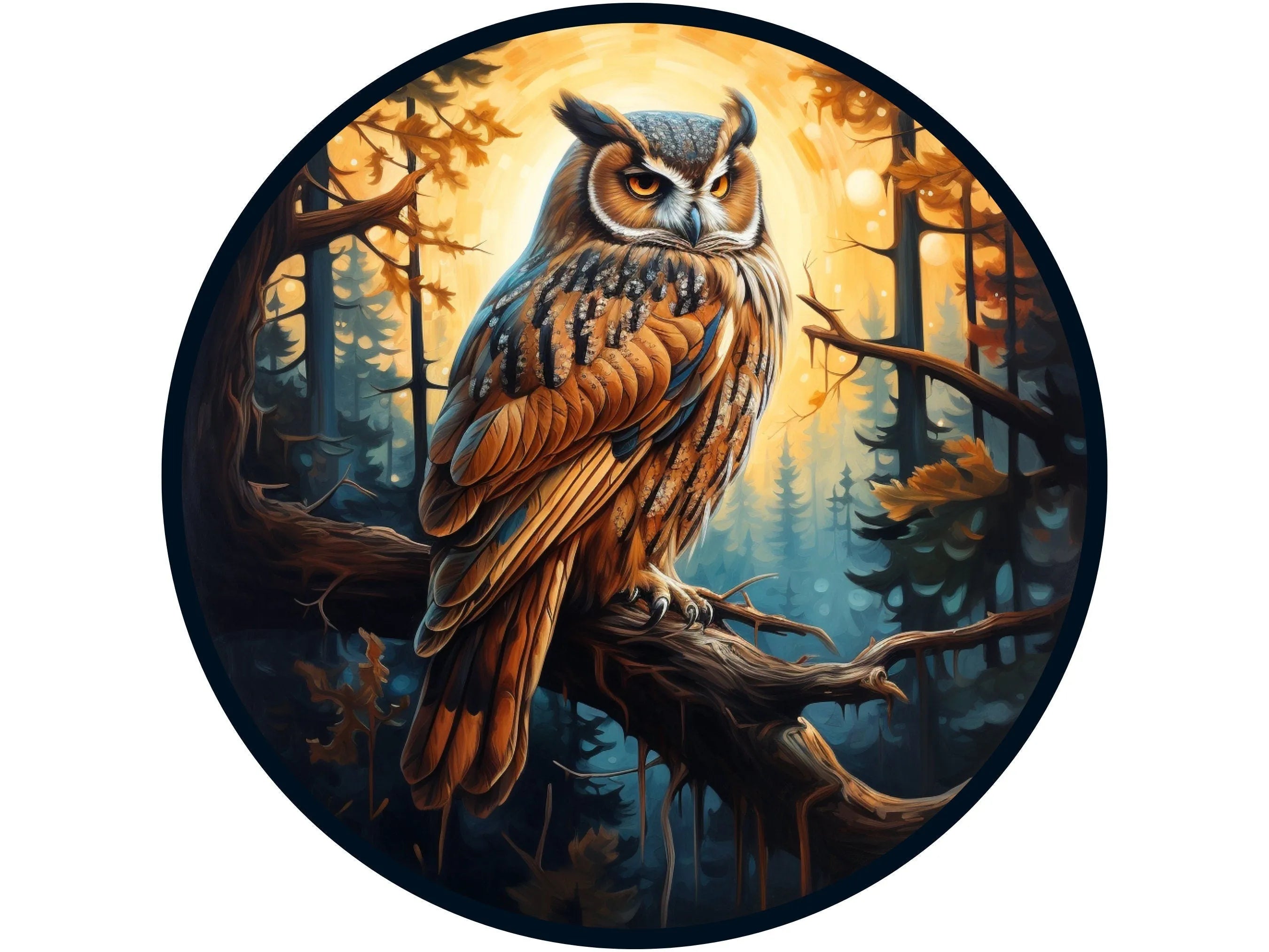 Búho de bosque realista posado en una rama en el bosque, letrero de corona, 1, letrero de búho, arte de pared de búho, letrero para amantes de los búhos