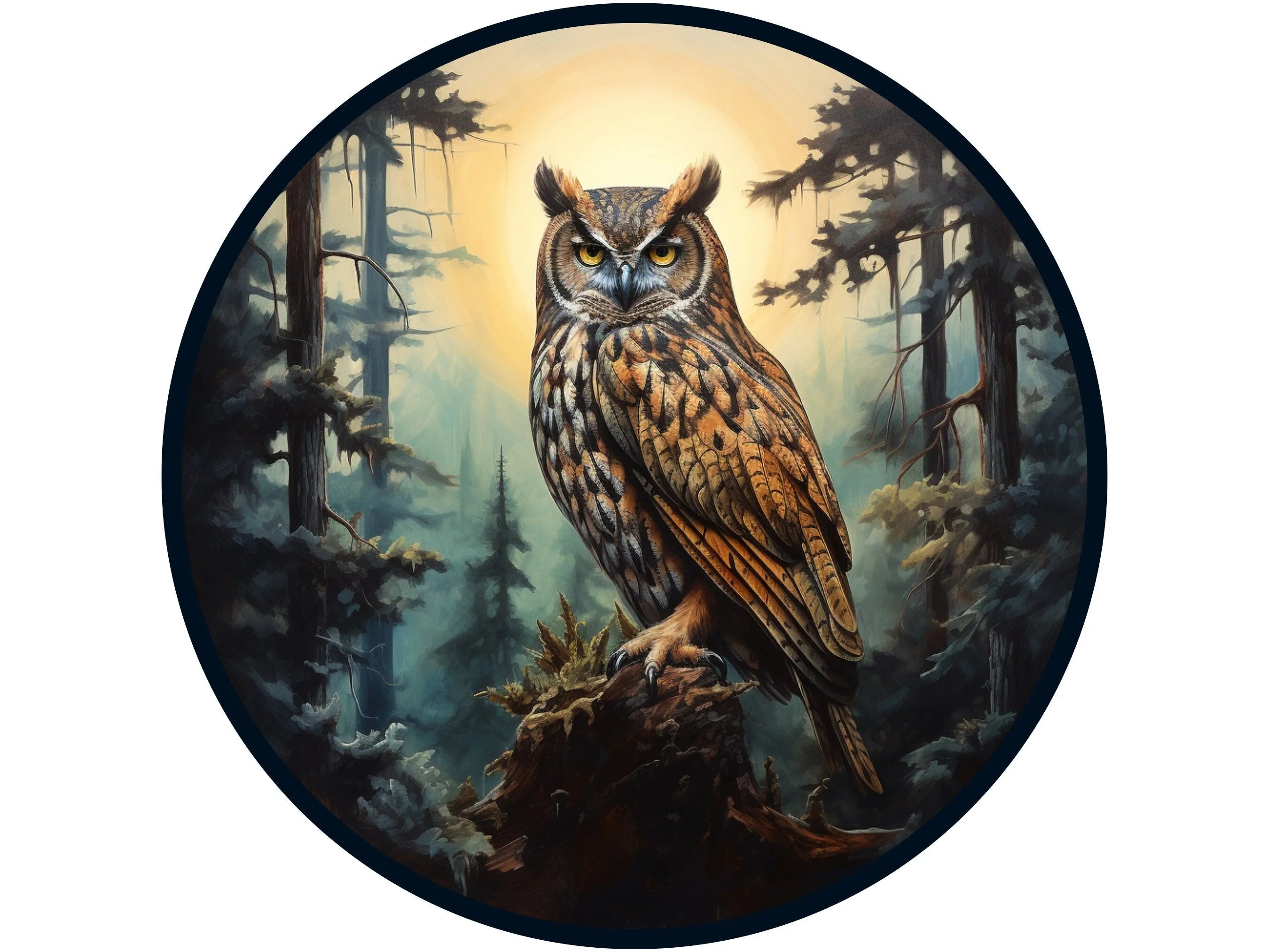 Búho de bosque realista posado en una rama en el bosque, letrero de corona, 2, letrero de búho, arte de pared de búho, letrero para amantes de los búhos