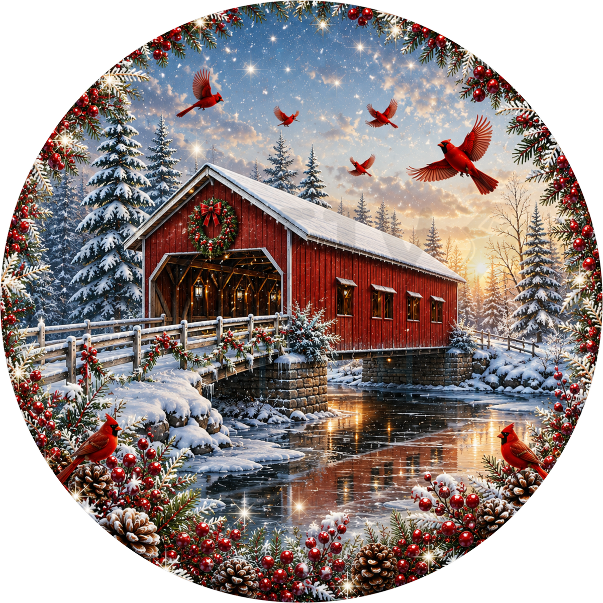 Red covered bridge Christmas round wreath sign over a frozen creek with cardinals in flight, snowy pines and an evergreen wreath