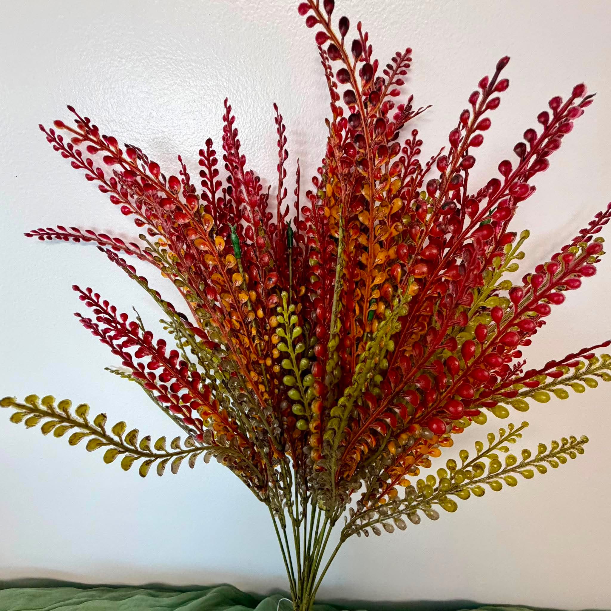 Close Up of Burgundy Red and Chartreuse Fern Fronds on Fall Wreath Bush