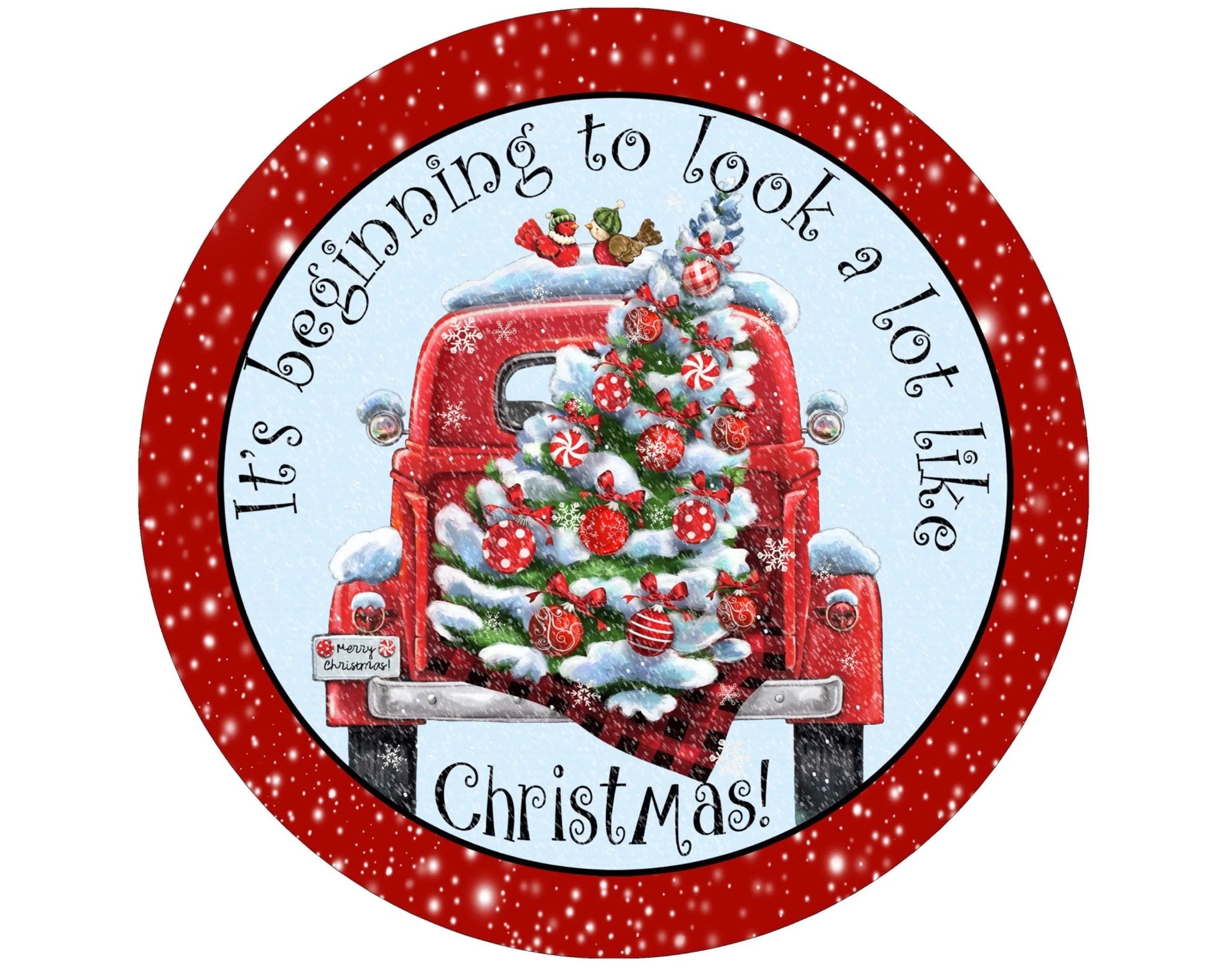 red vintage truck Christmas tree Merry Christmas wreath sign, red and black buffalo checked blanked cardinals peppermint tree holiday sign