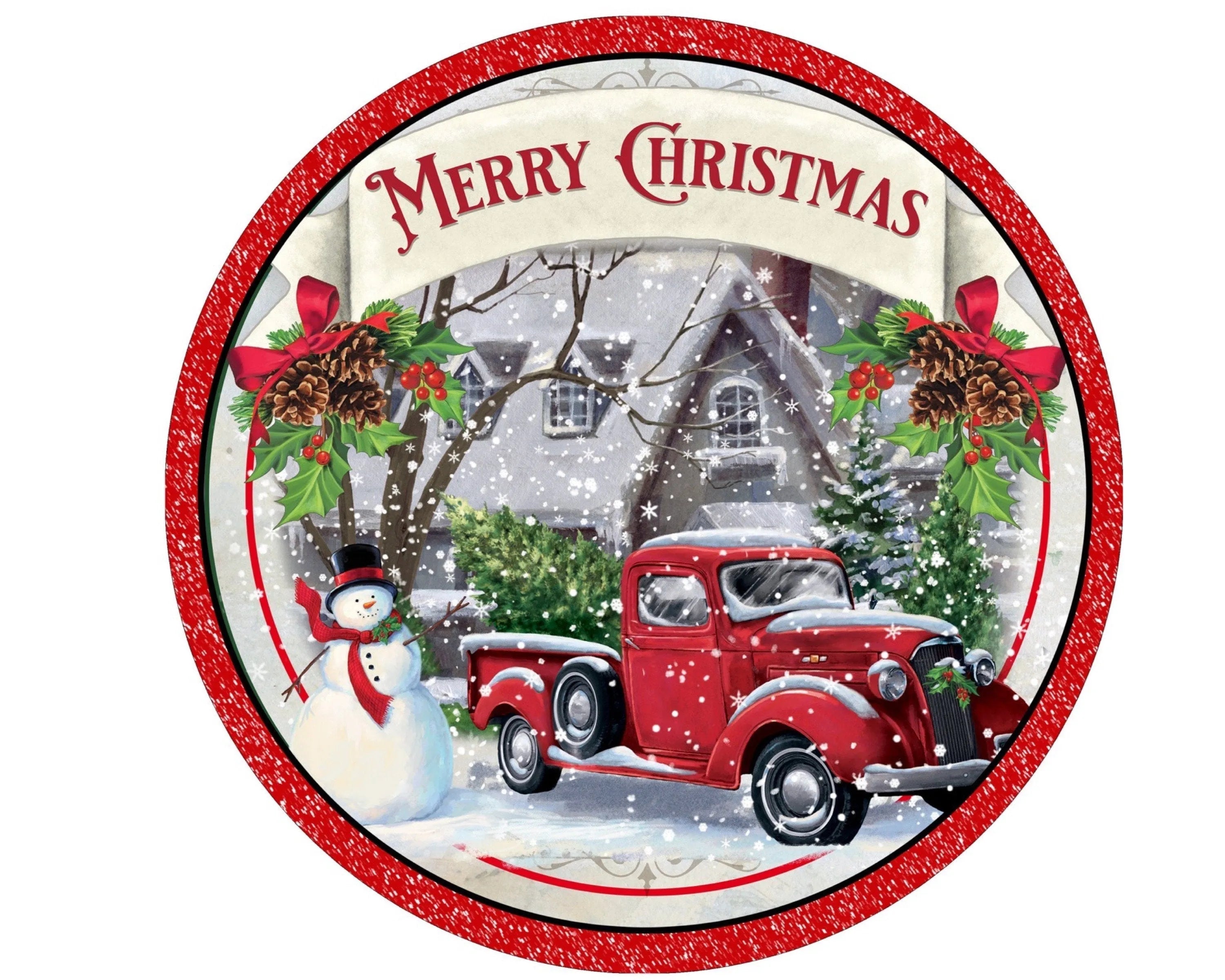 Letrero de corona navideña con diseño de muñeco de nieve y camión vintage rojo, accesorio de corona navideña con imagen de camión antiguo rojo nevado
