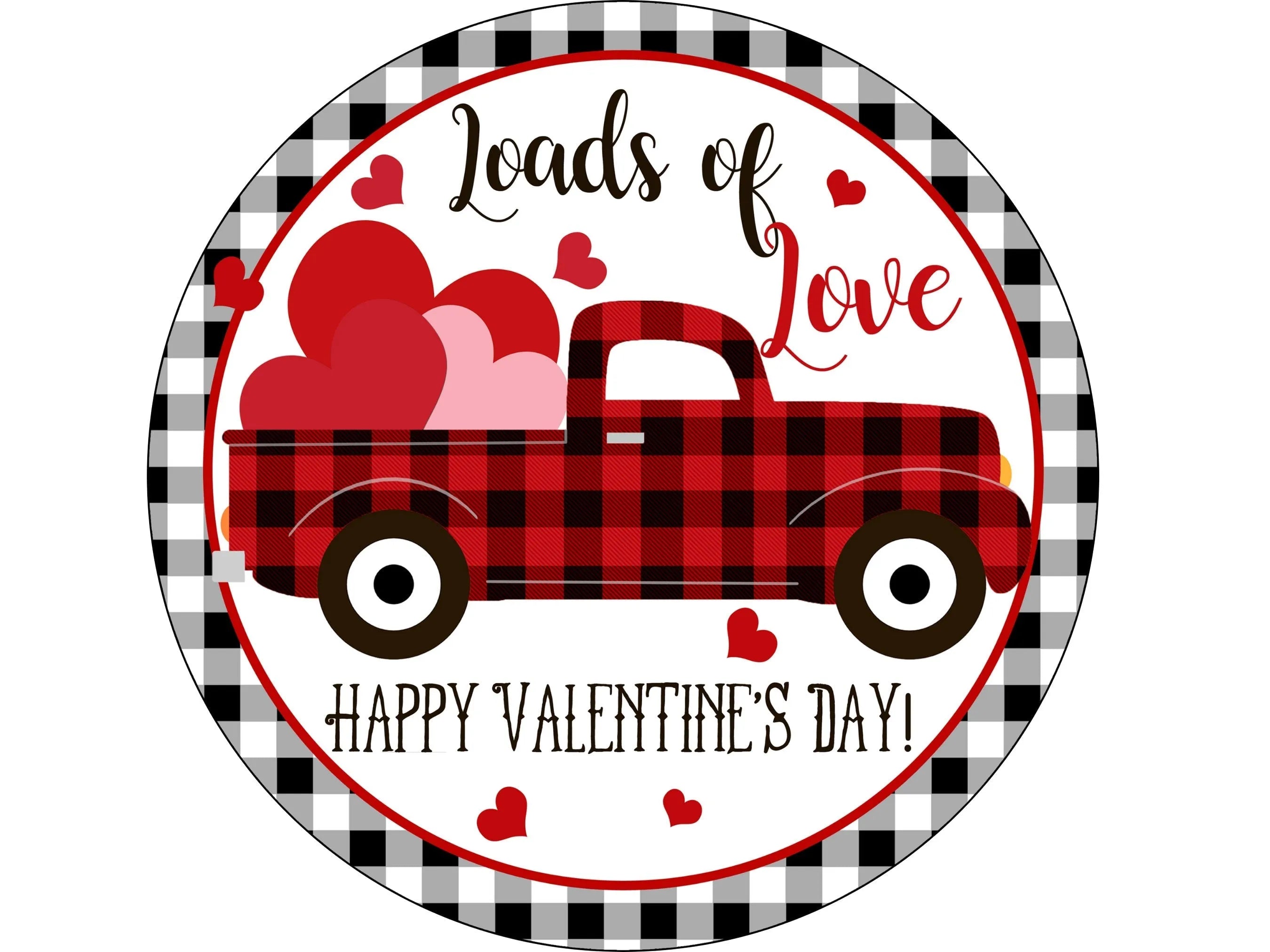 red vintage truck welcome valentines front door wreath sign, antique truck and hearts buffalo check wall art, truck full of hearts sign
