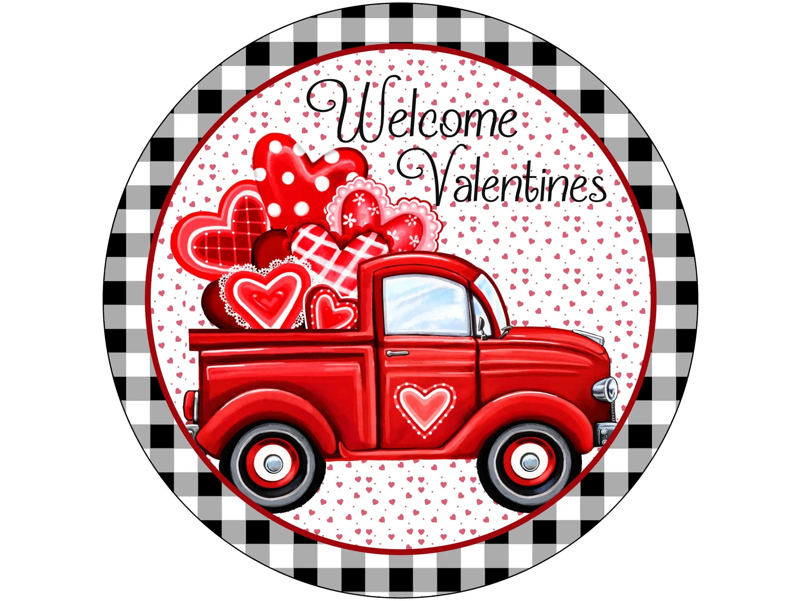 red vintage truck welcome valentines front door wreath sign, antique truck and hearts buffalo check wall art, truck full of hearts sign
