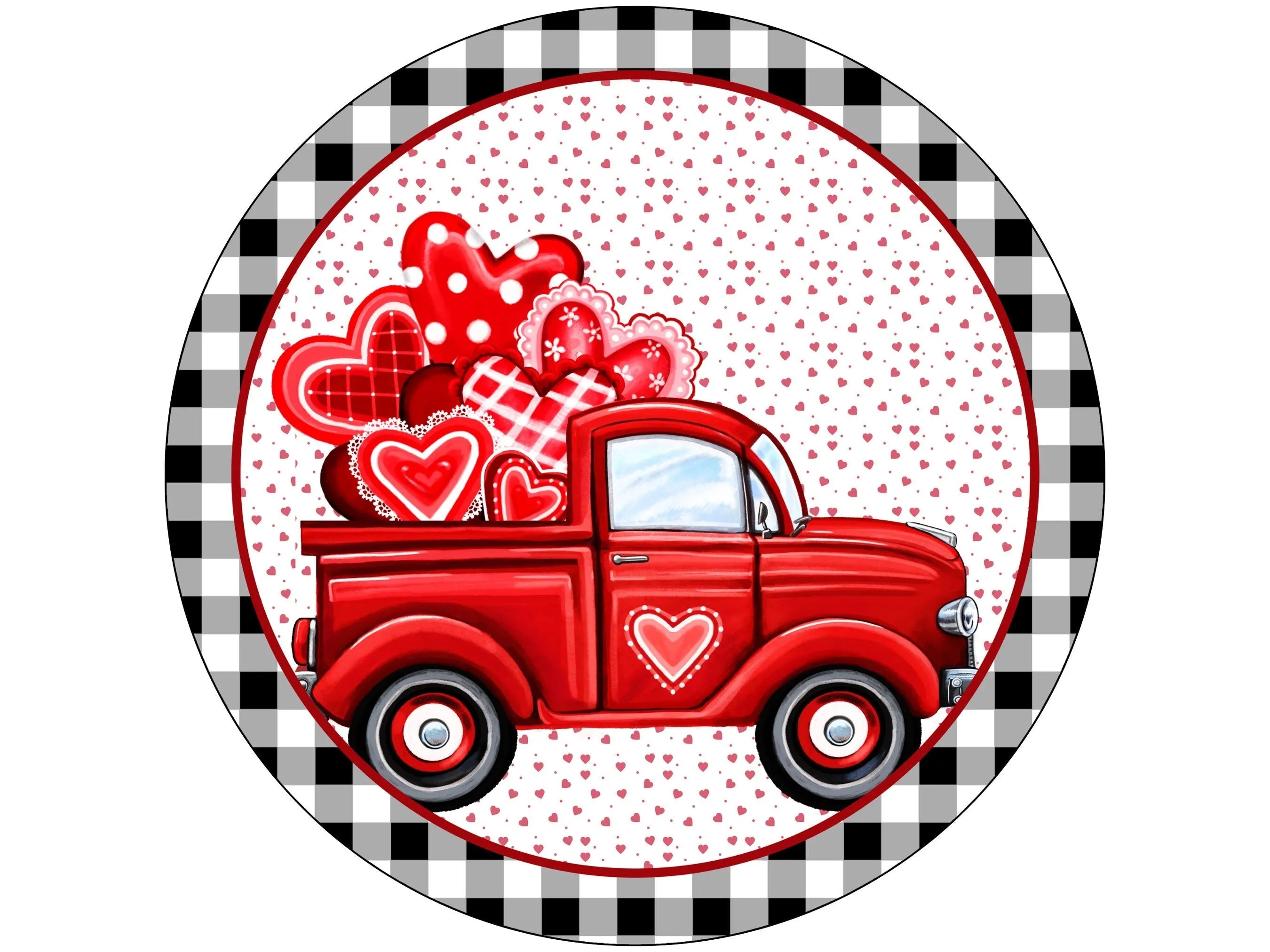 red vintage truck welcome valentines front door wreath sign, antique truck and hearts buffalo check wall art, truck full of hearts sign
