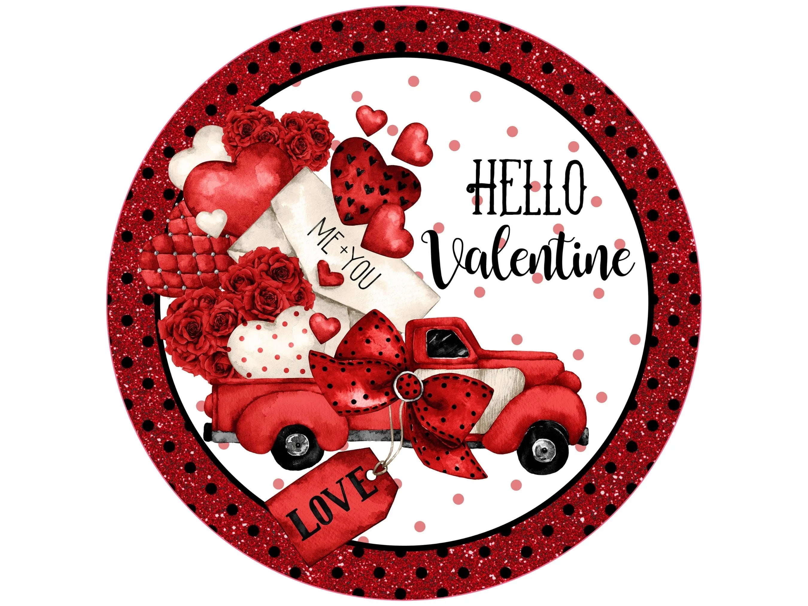 red vintage truck welcome valentines front door wreath sign, antique truck and hearts buffalo check wall art, truck full of hearts sign