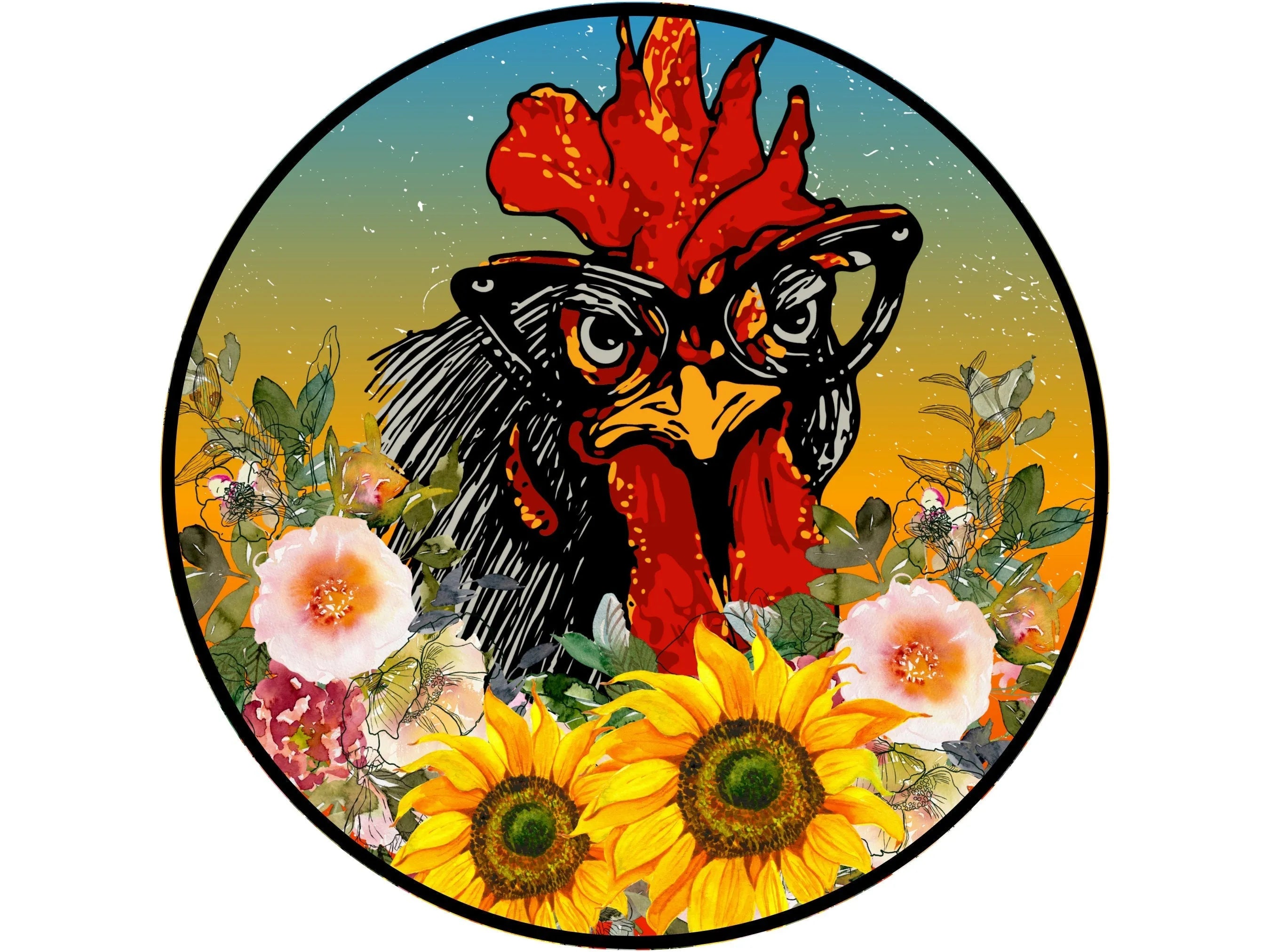 Gallo con gafas y letrero de corona de girasoles, arte de pared de cocina con gallo y girasoles florales.