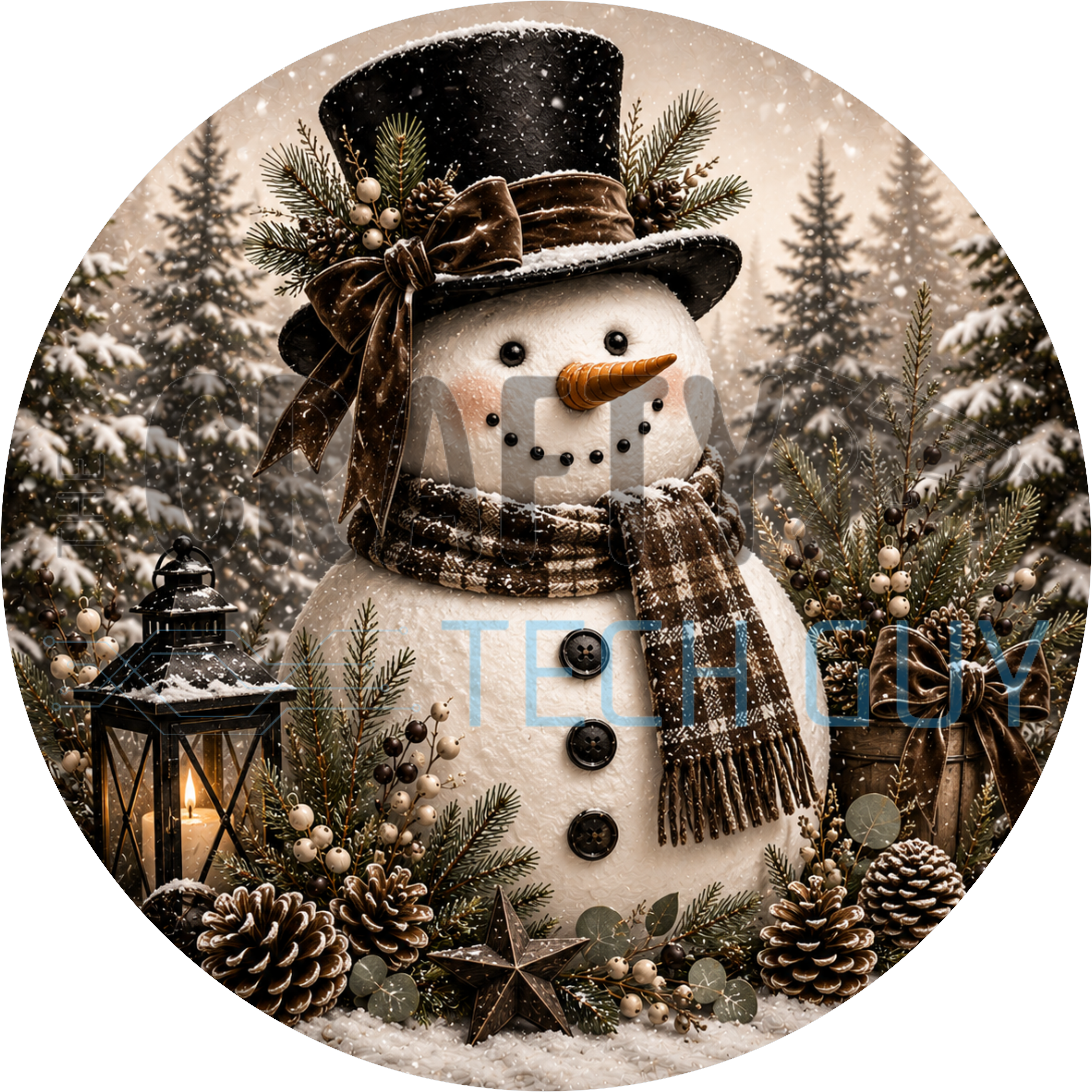 Rustic snowman round sign with black top hat, velvet bow, plaid scarf, lit lantern and pinecones in a snowy pine forest