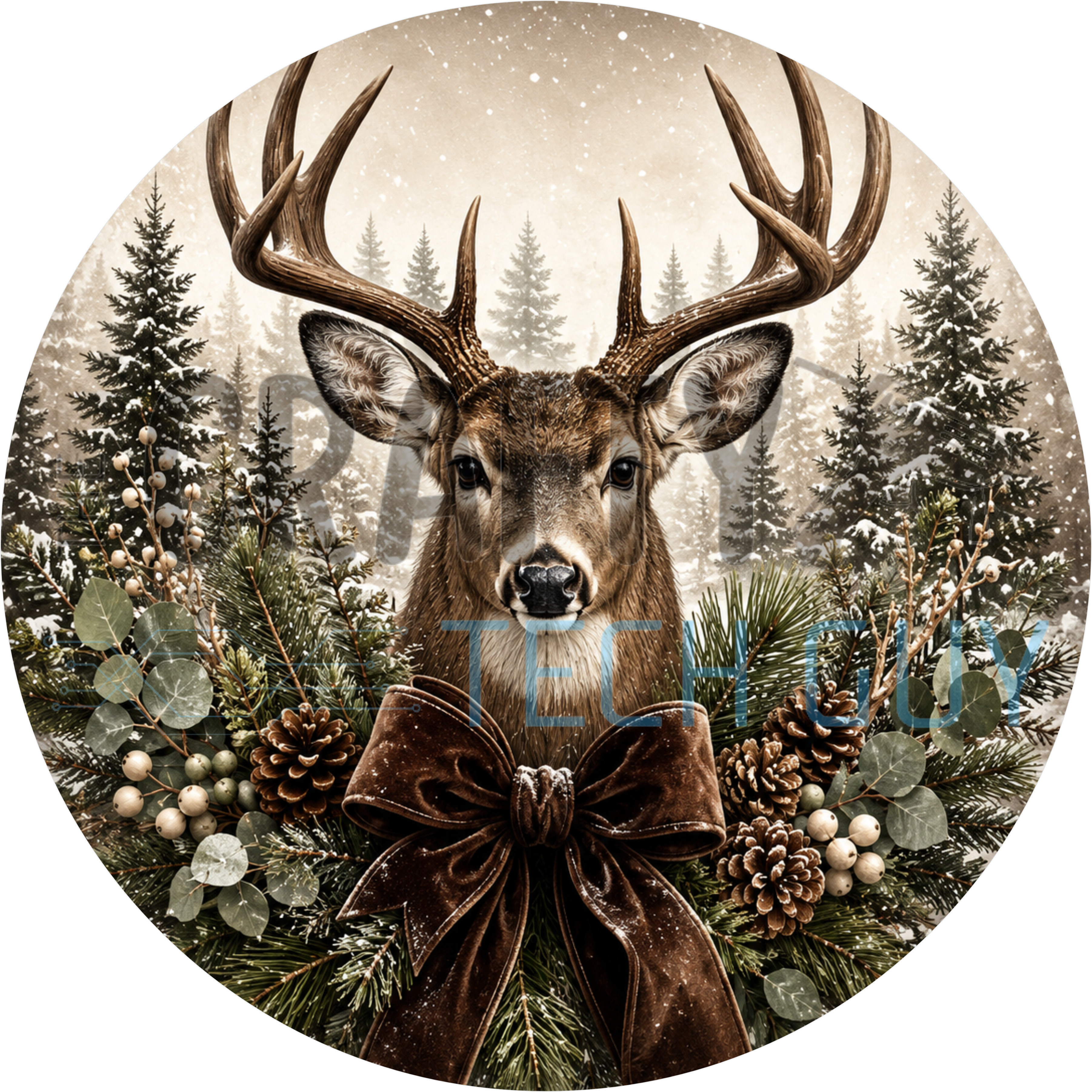 Rustic woodland deer buck round sign with antlers, chocolate velvet bow, eucalyptus, white berries and pinecones in falling snow