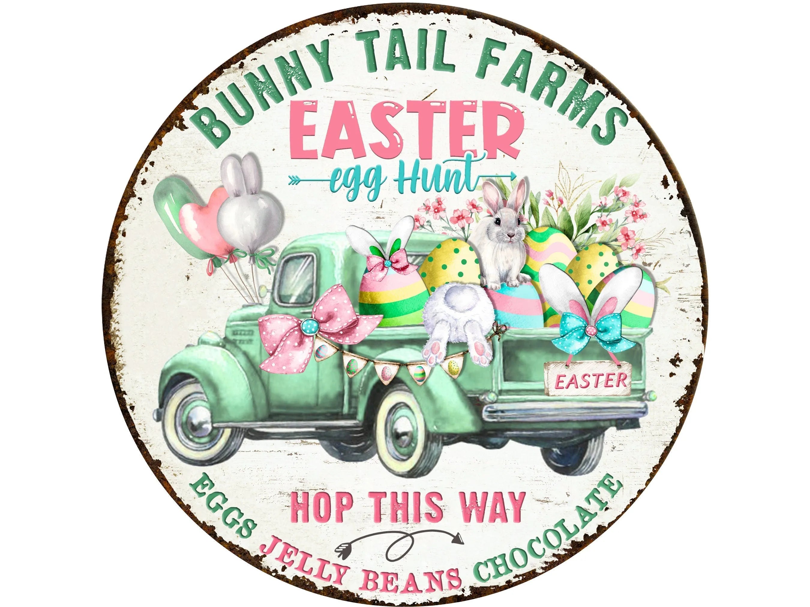 Letrero rústico de conejo blanco primaveral con flores y un toque grunge, arte de pared de conejito oxidado con huevos de Pascua teñidos.