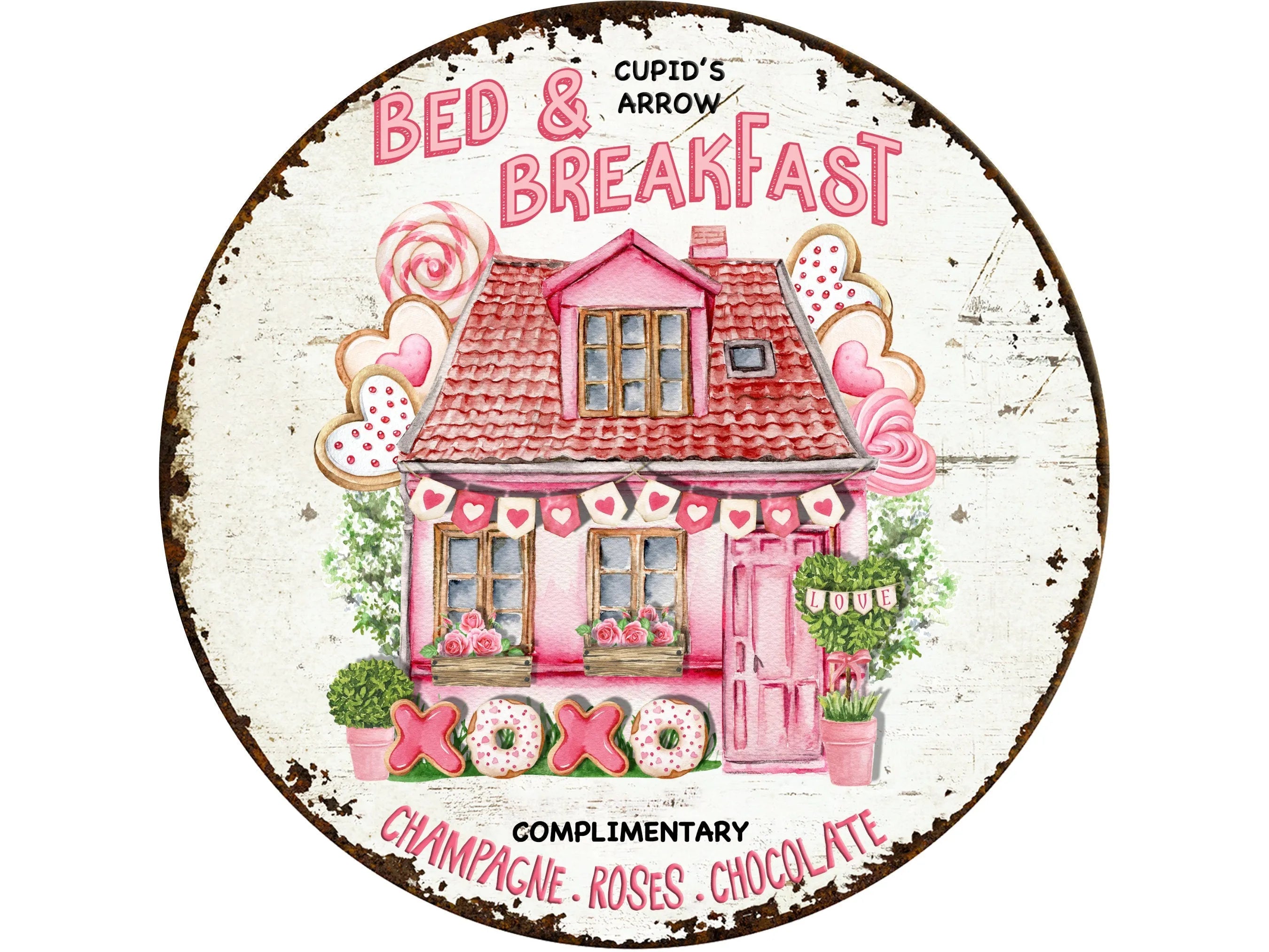 rustic grungy pink cottage with cookies metal wreath sign, sign for Valentine's Day, sign for February