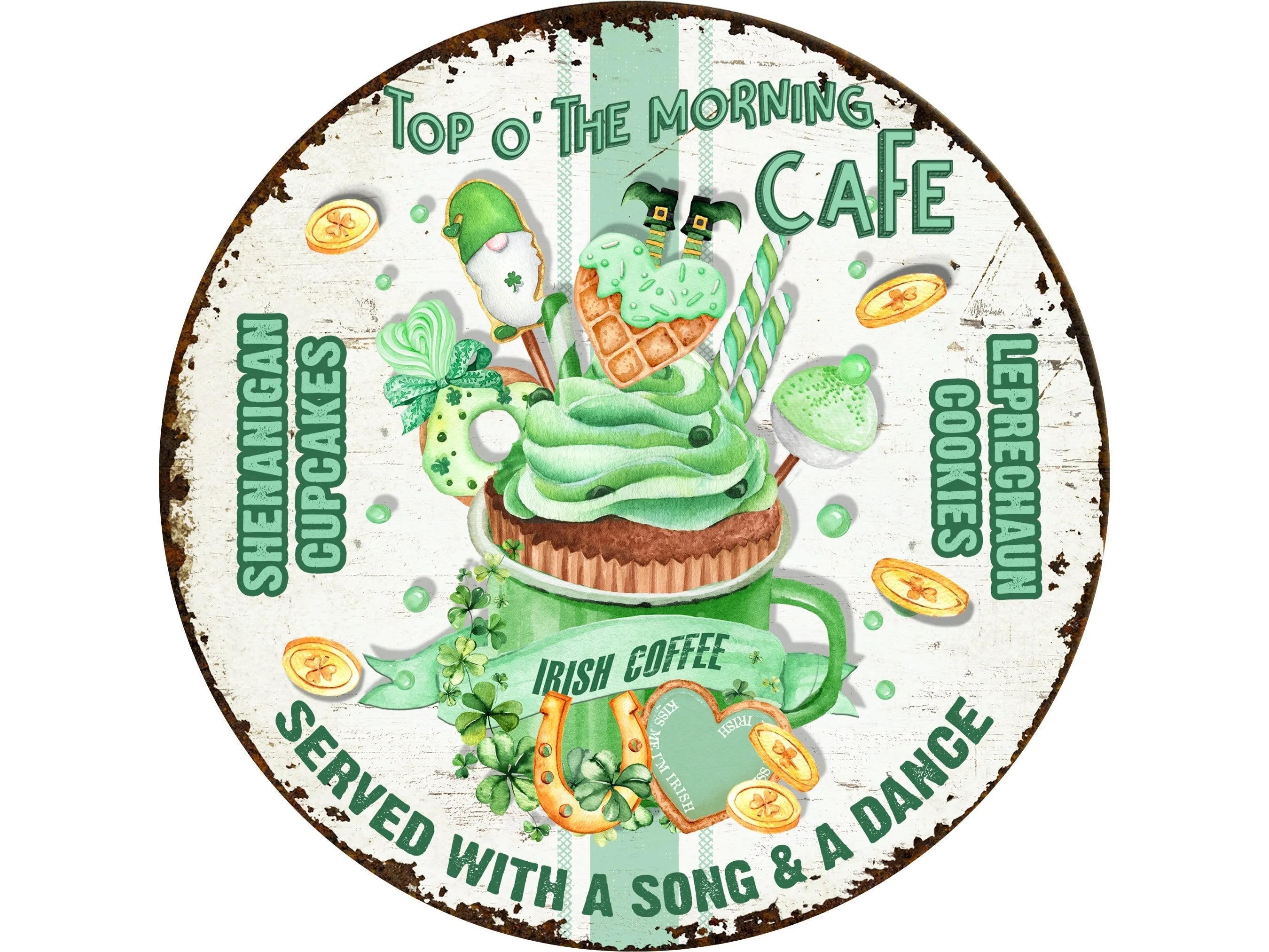 Letrero rústico de corona de gnomo irlandés para cafetería de galletas, arte de pared con cupcakes y cake pops para el Día de San Patricio, letrero dorado con forma de herradura y monedas de la suerte.