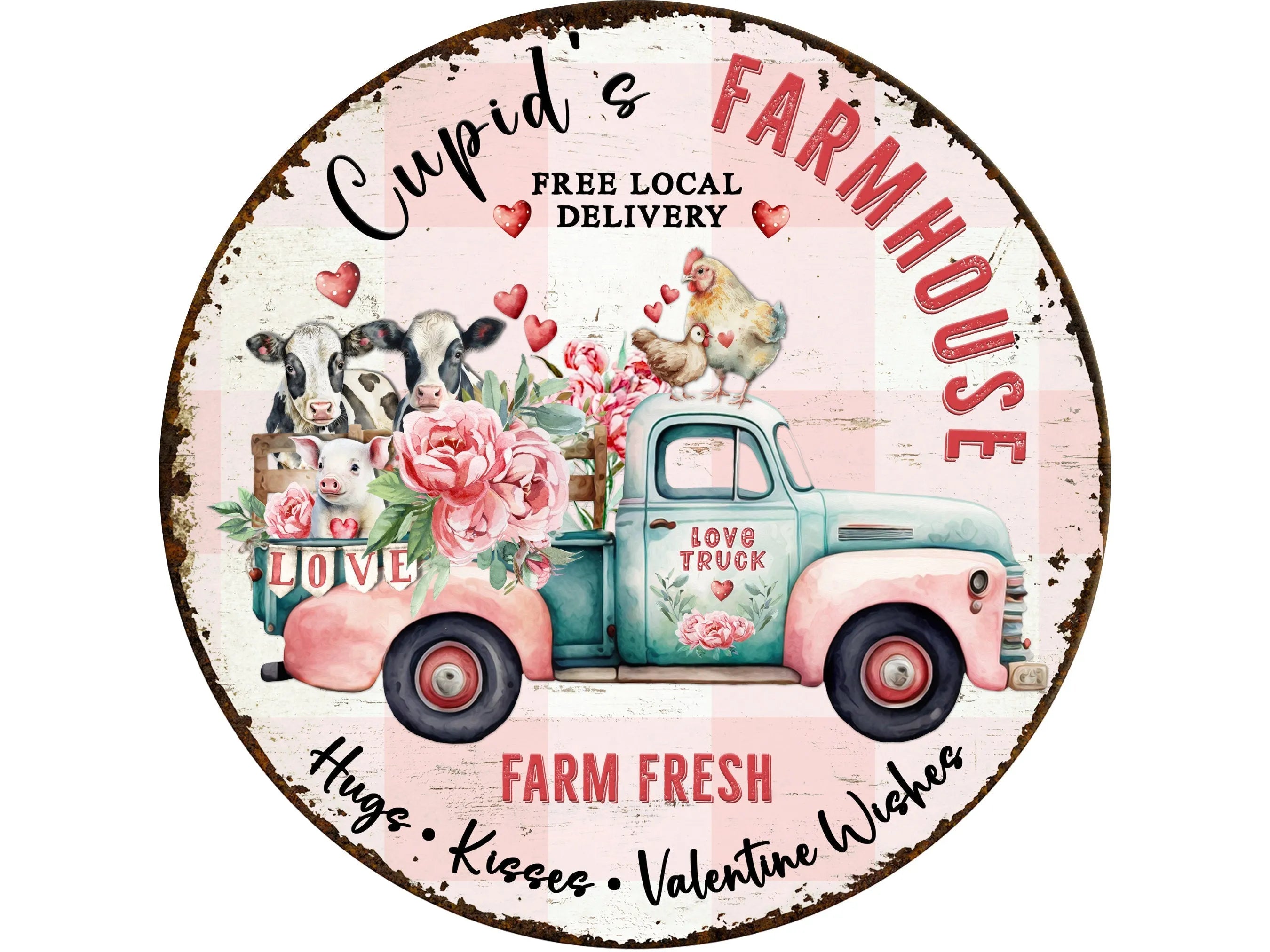rustic pink and blue vintage truck valentines front door wreath sign, rusty antique truck pink roses farm animals wall art