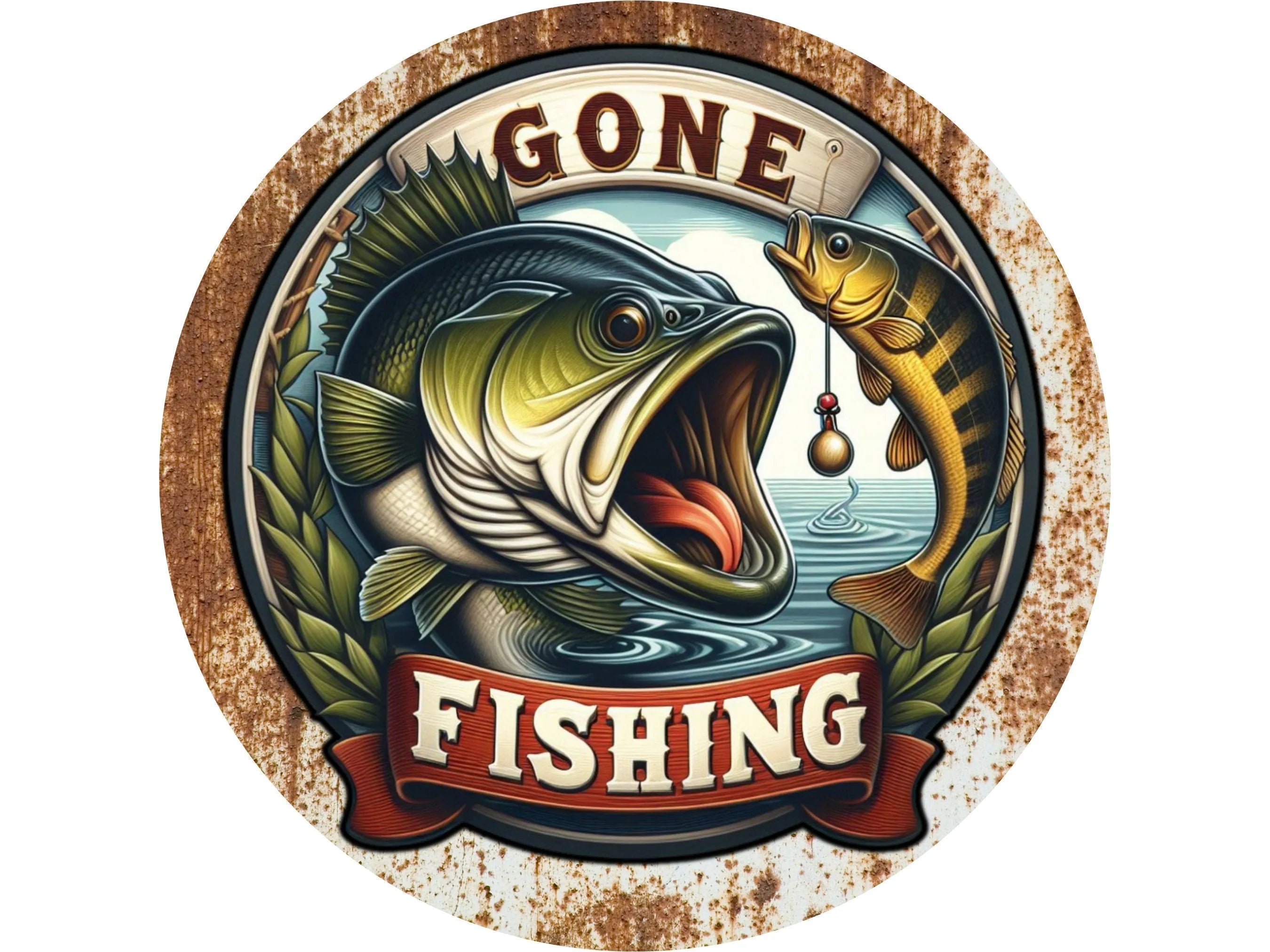 Letrero de corona de metal rústico oxidado con forma de pez saltando del lago, decoración de cueva de hombre, letrero de lubina de boca grande para pescador