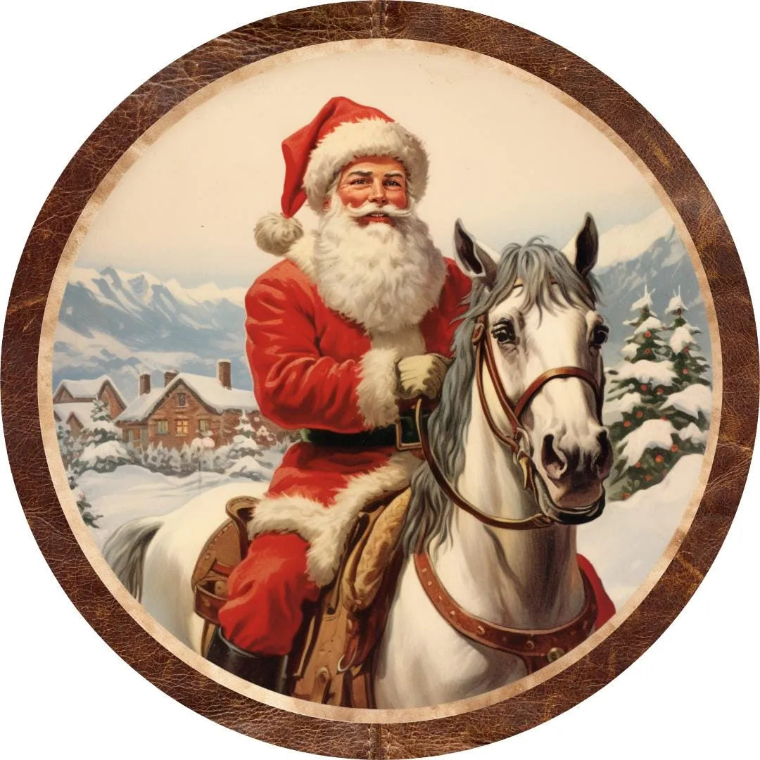 Letrero rústico de Papá Noel a caballo, decoración navideña vintage del oeste, arte de pared de Papá Noel vaquero, decoración de cabaña navideña