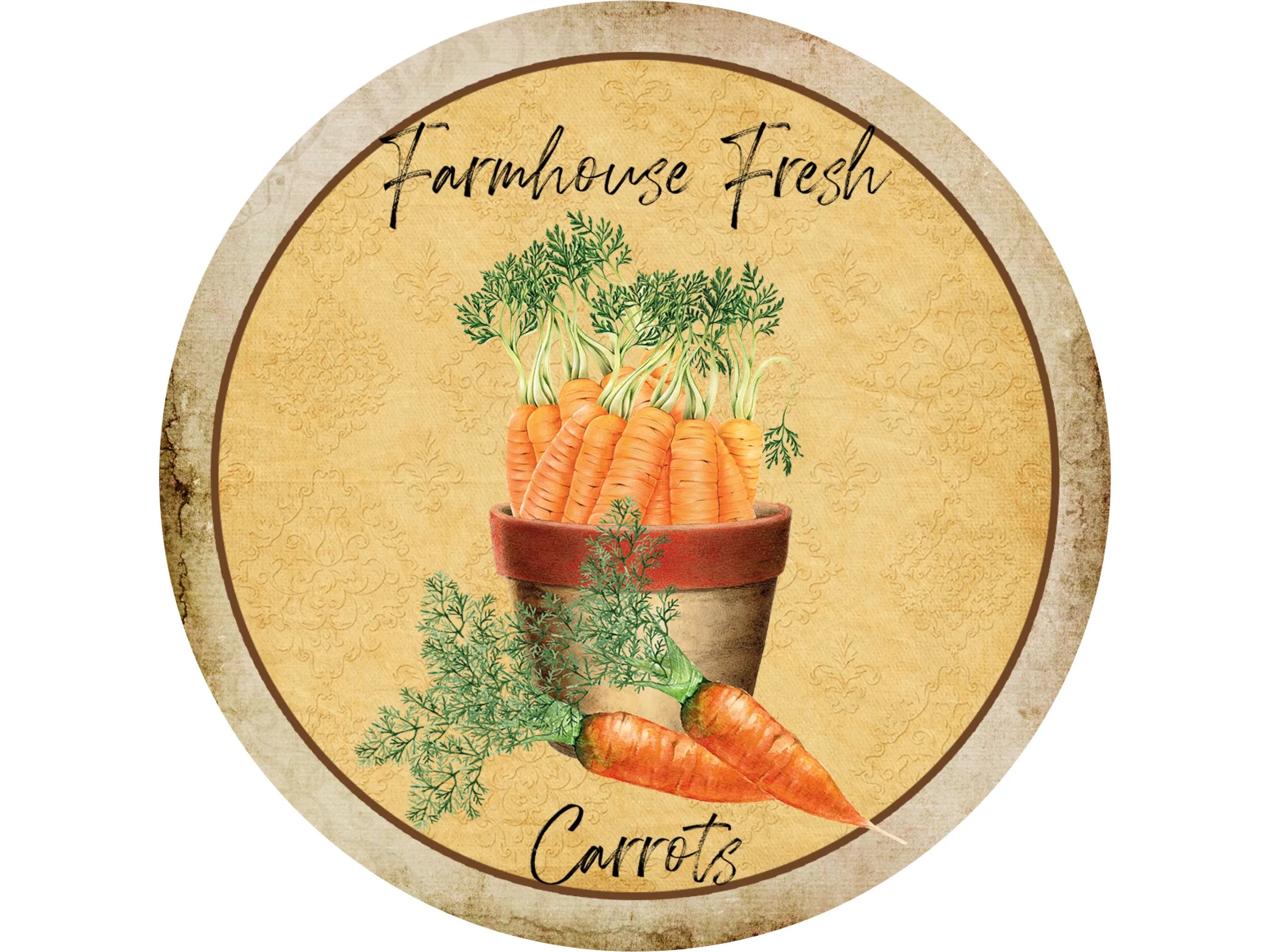 rustic vintage carrots in a clay pot sign, grungy bunches of carrots and stems wall art, farmhouse garden gift