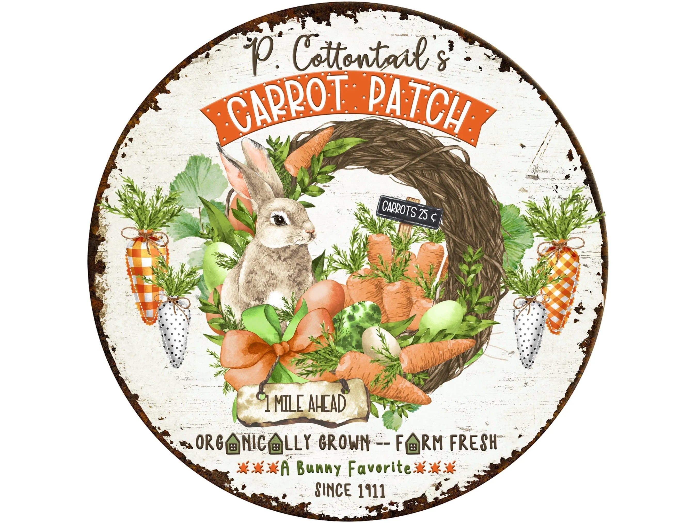 rustic vintage floral spring brown bunny and carrots sign, polka dot and gingham orange carrots with bunny wall art