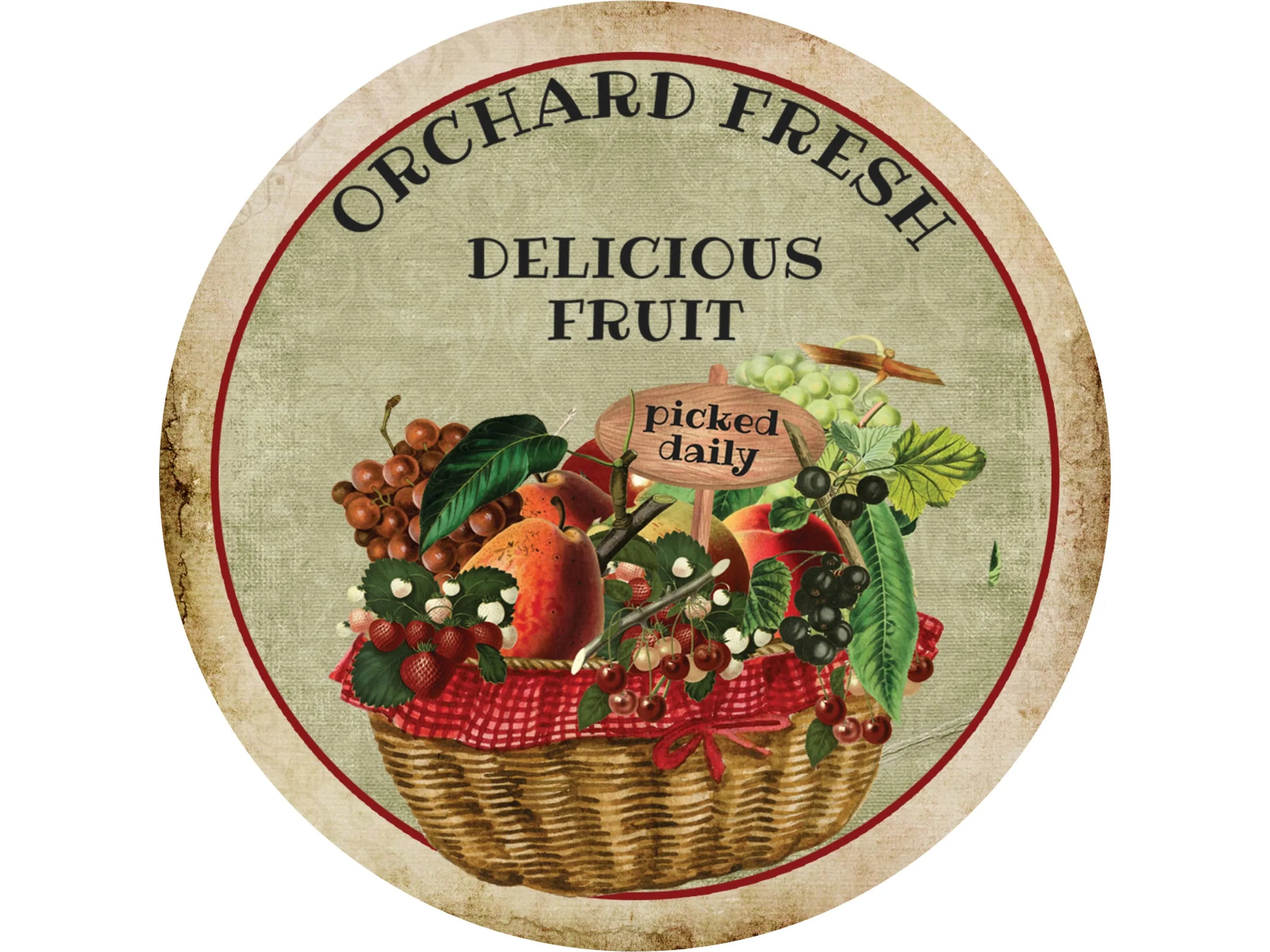 rustic vintage fruit basket metal wreath sign, grungy basket of fruit wall art, farmhouse garden gift