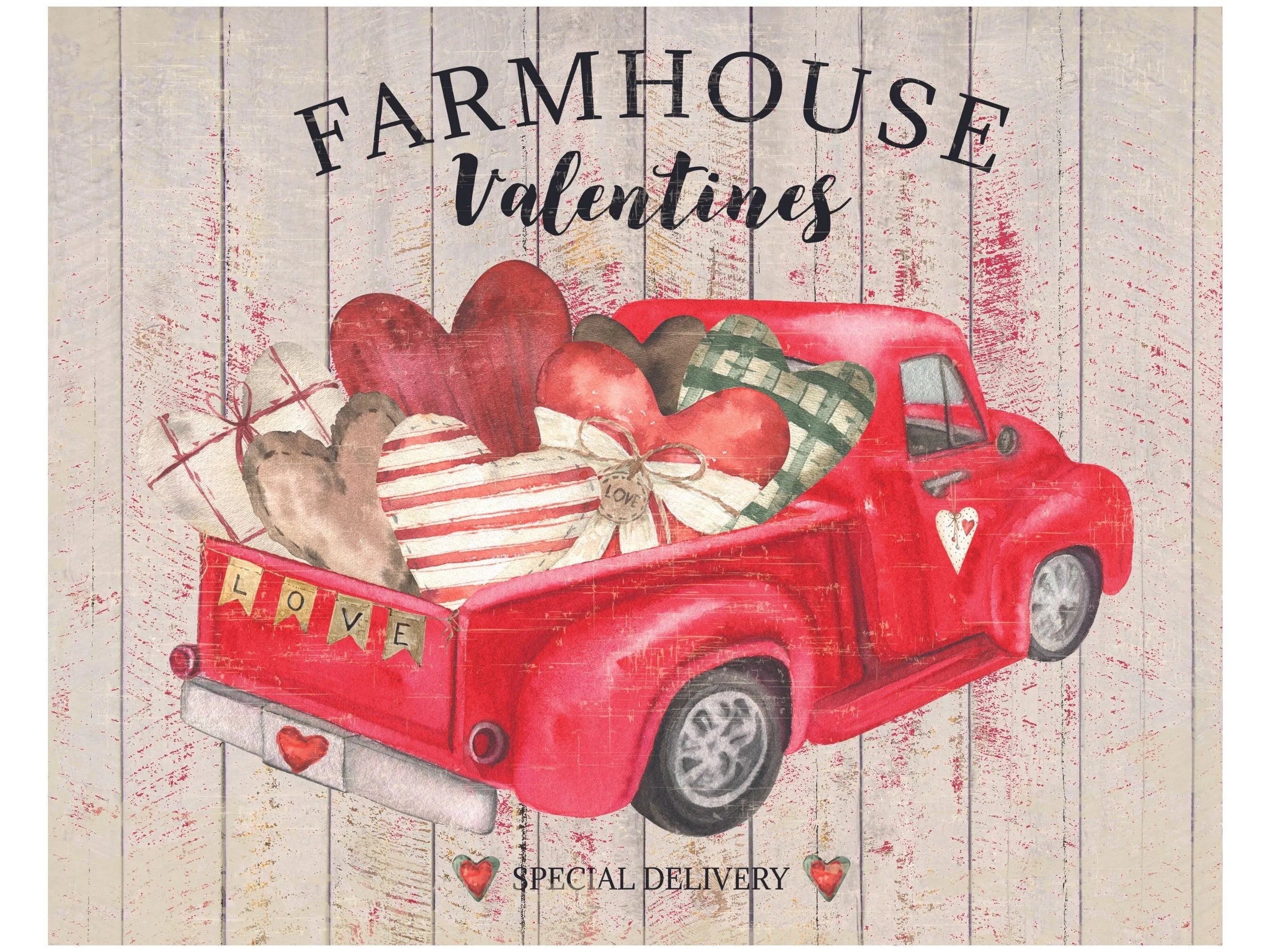 Letrero rústico vintage de camioneta roja de granja para el día de San Valentín, arte de pared de amor con corazones en la caja de una camioneta antigua, letrero de camioneta roja de San Valentín