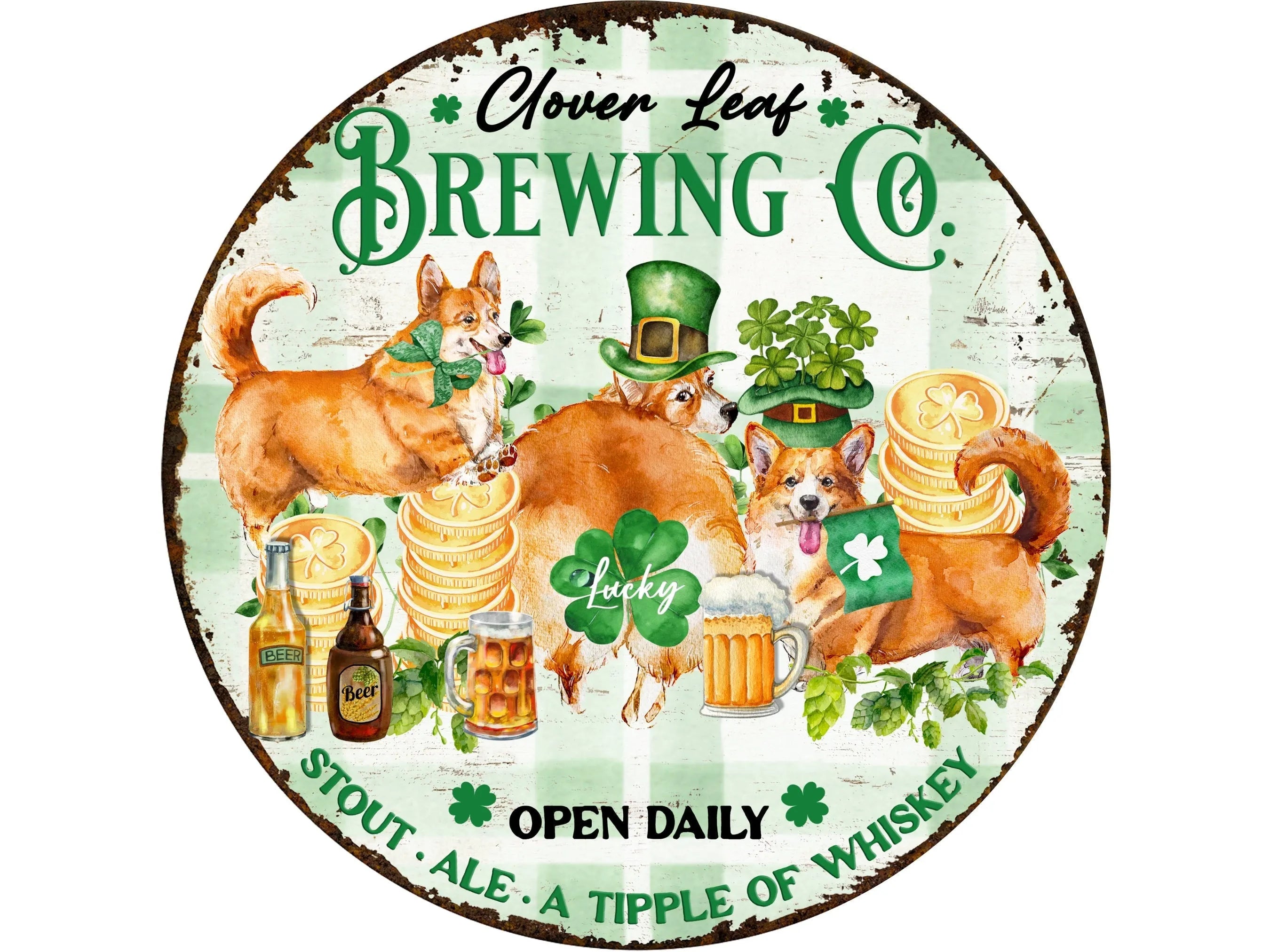 Letrero rústico oxidado para el Día de San Patricio con diseño de perro corgi, arte mural de cerveza con amigos corgi, corona de empresa cervecera con diseño de perro.