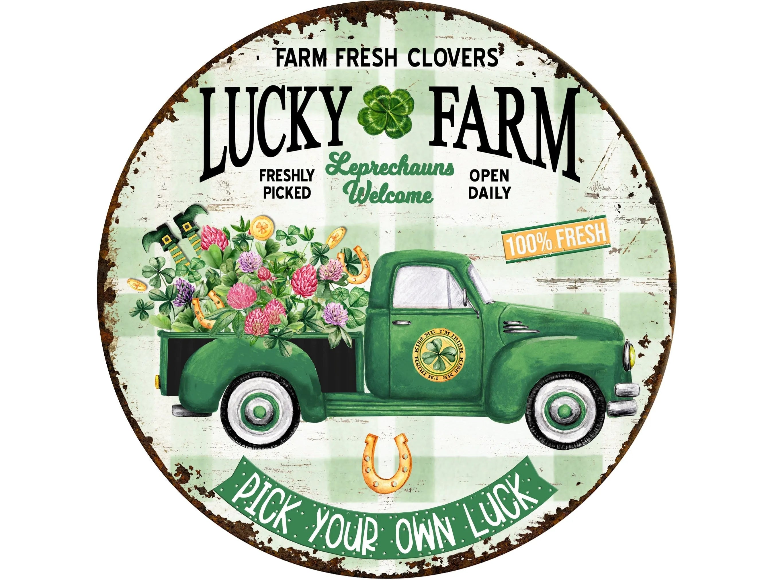 Letrero rústico oxidado de corona de San Patricio con diseño de camión vintage, arte de pared de granja con duende y flores, letrero de trébol de cuatro hojas con forma de herradura de la suerte.