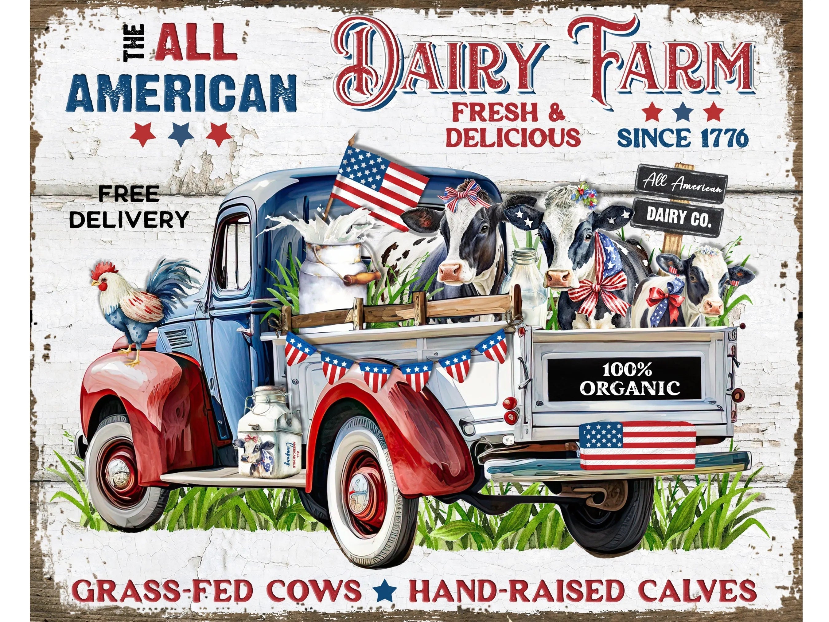 rusty vintage truck black and white cow metal wreath sign, patriotic farmhouse grungy wall art, USA dairy farm wreath attachment