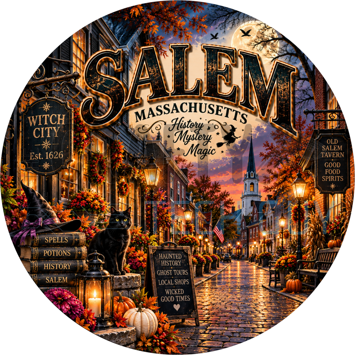 Salem Massachusetts round wreath sign with a black cat on books, witch hat, pumpkins and a lamplit cobblestone street under a full moon