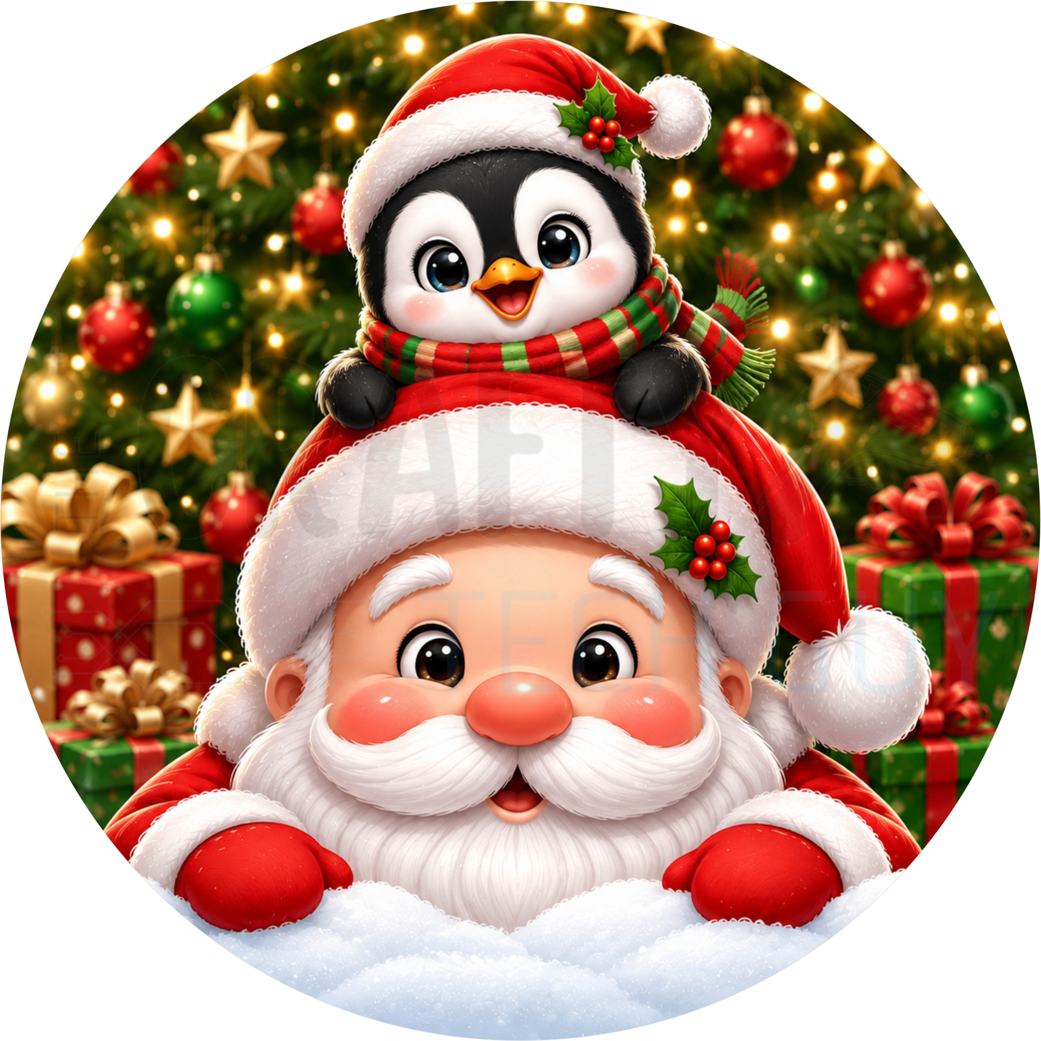 Christmas round wreath sign in coated aluminum, showing Santa Claus in the snow with a baby penguin on his hat in front of a lit tree and gifts