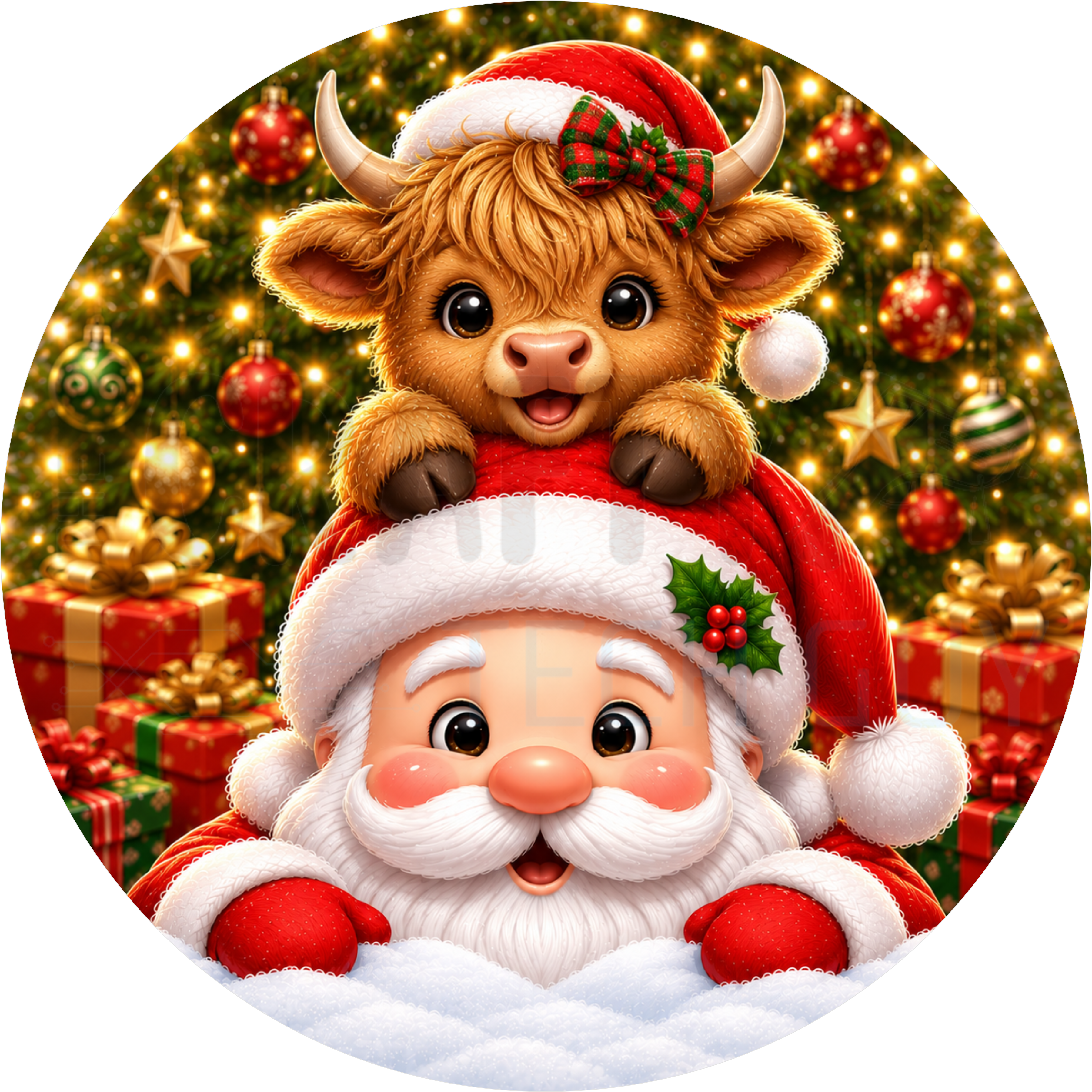 Christmas round wreath sign in coated aluminum, showing Santa Claus with a baby Highland cow in a plaid bow on his hat in front of a lit tree
