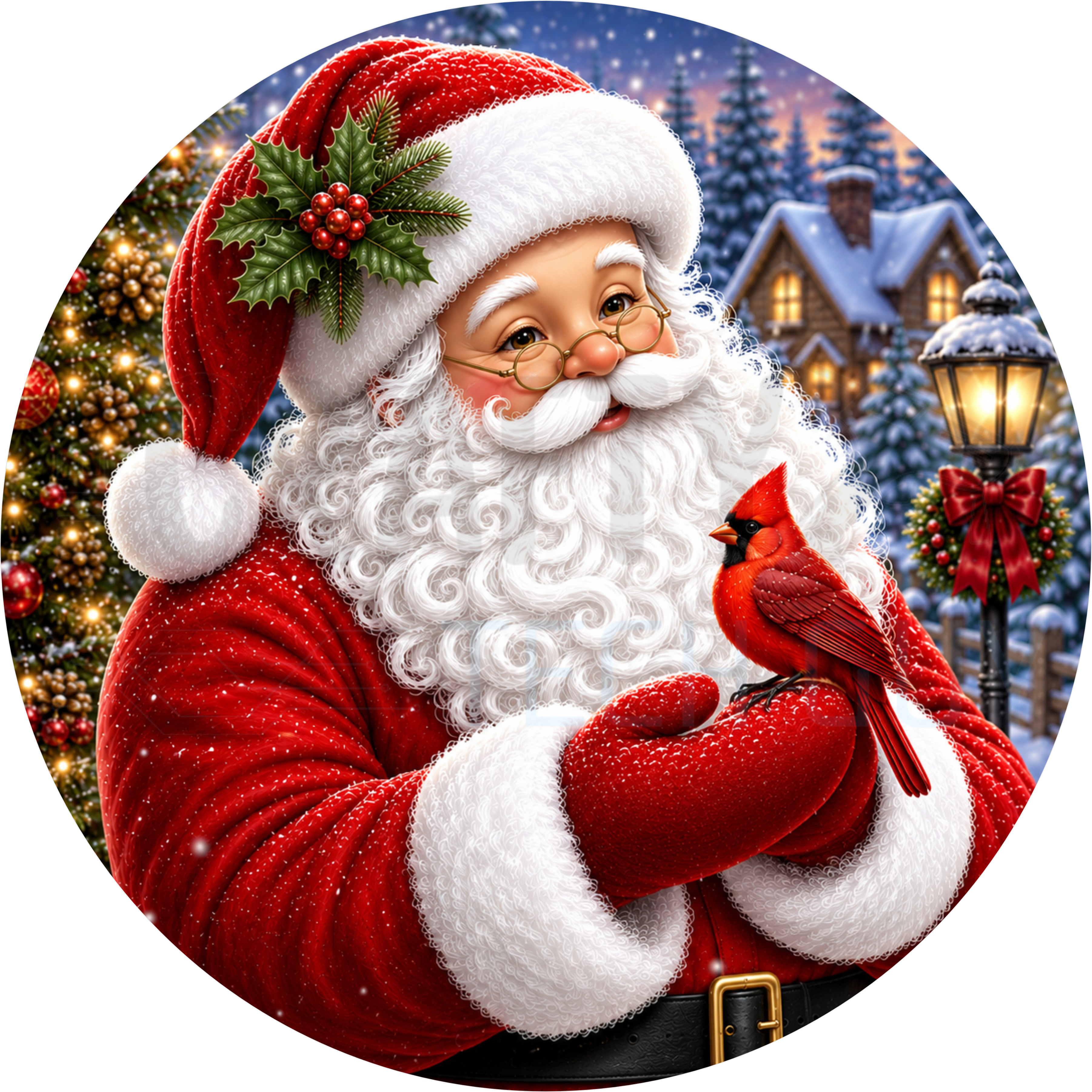 Christmas round wreath sign in coated aluminum, showing Santa Claus holding a red cardinal on his mitten with a snowy cottage and lamppost behind
