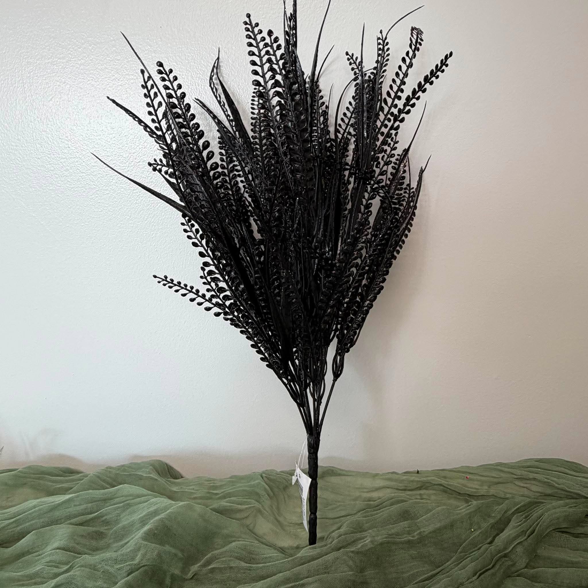 20 Inch Shiny Black Artificial Fern Bush with Bead Grass Sprigs for Halloween Wreaths
