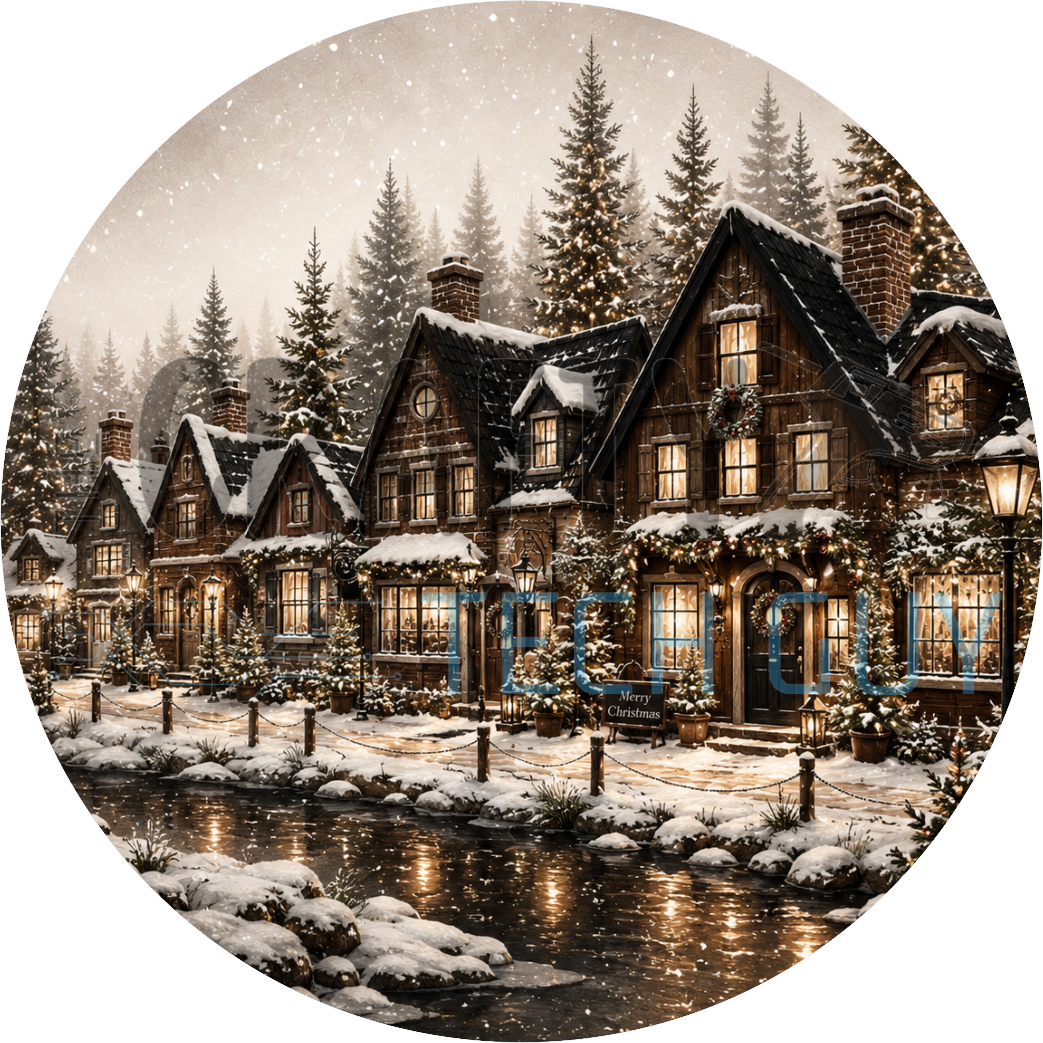 Snowy Christmas village round sign with lit cottage windows, garland doorways, street lamps and evergreens beside a canal