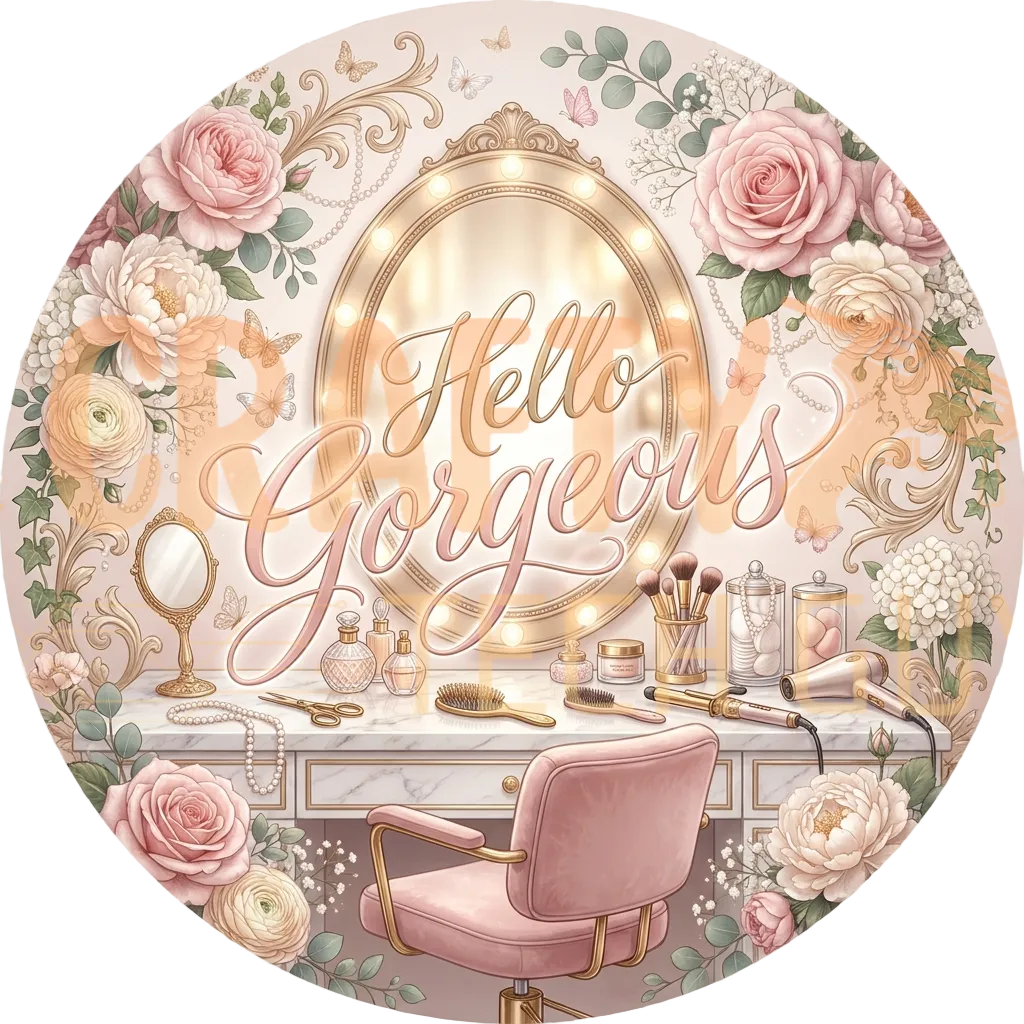 Soft pink floral vanity mirror illustration with Hello Gorgeous makeup quote salon sign