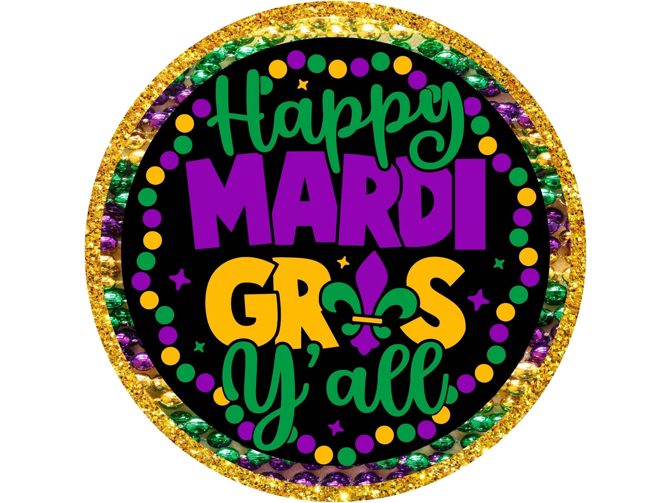 Letrero de corona de flor de lis con cuentas de Happy Mardi Gras del sur, arte de pared para fiesta de festival de jazz con purpurina dorada, letrero de festival de Luisiana