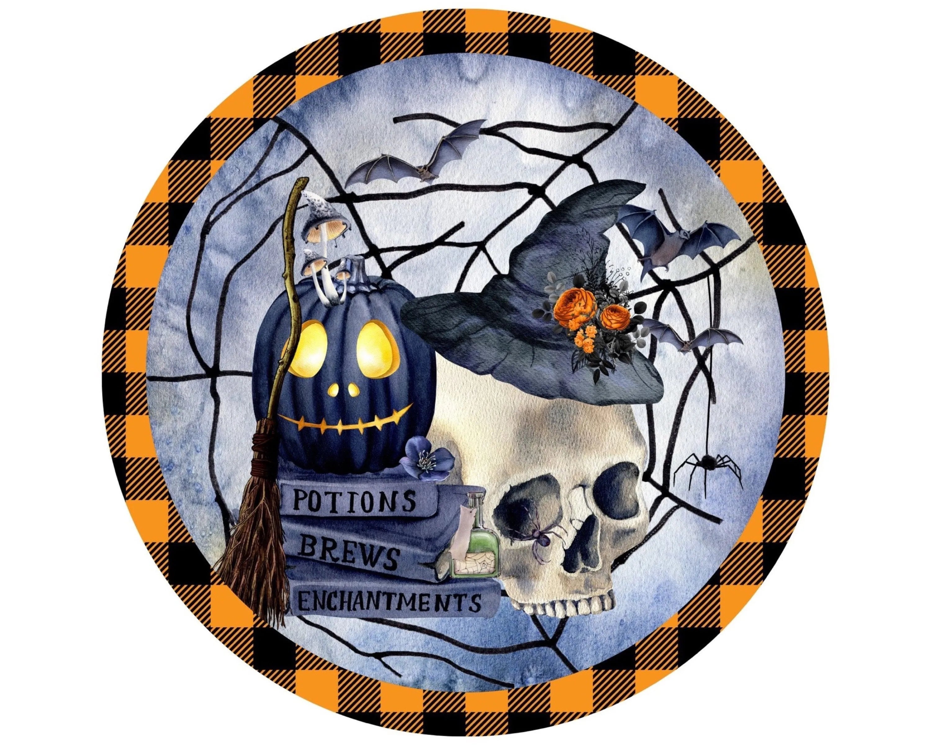 Corona de Halloween con calavera embrujada espeluznante, corona de calavera y huesos cruzados, letrero de casa embrujada, decoración de truco o trato