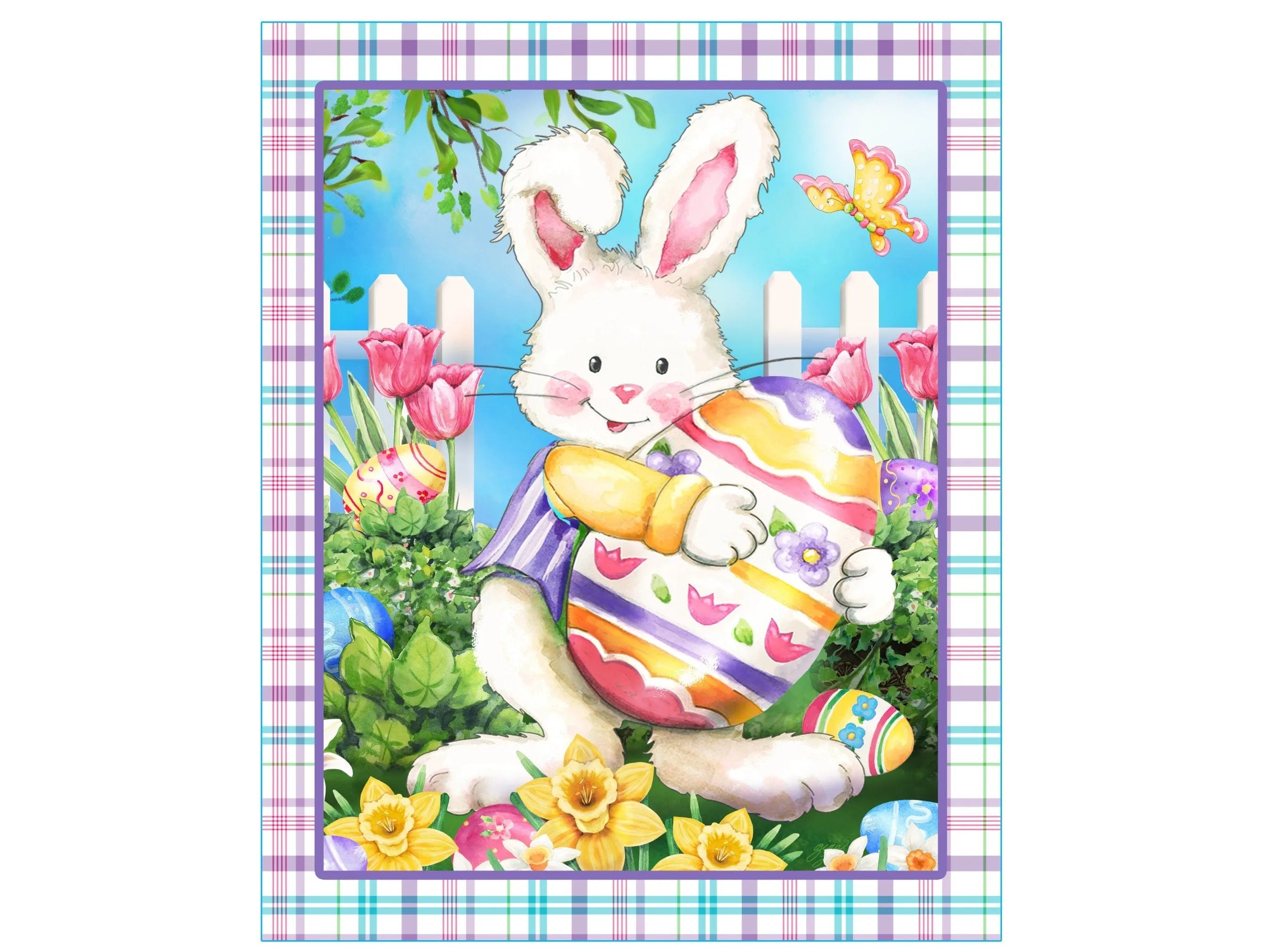 Spring Easter Bunny holding colored egg wreath sign, Easter bunny with eggs and flowers wall art, Butterfly Easter Bunny garden sign