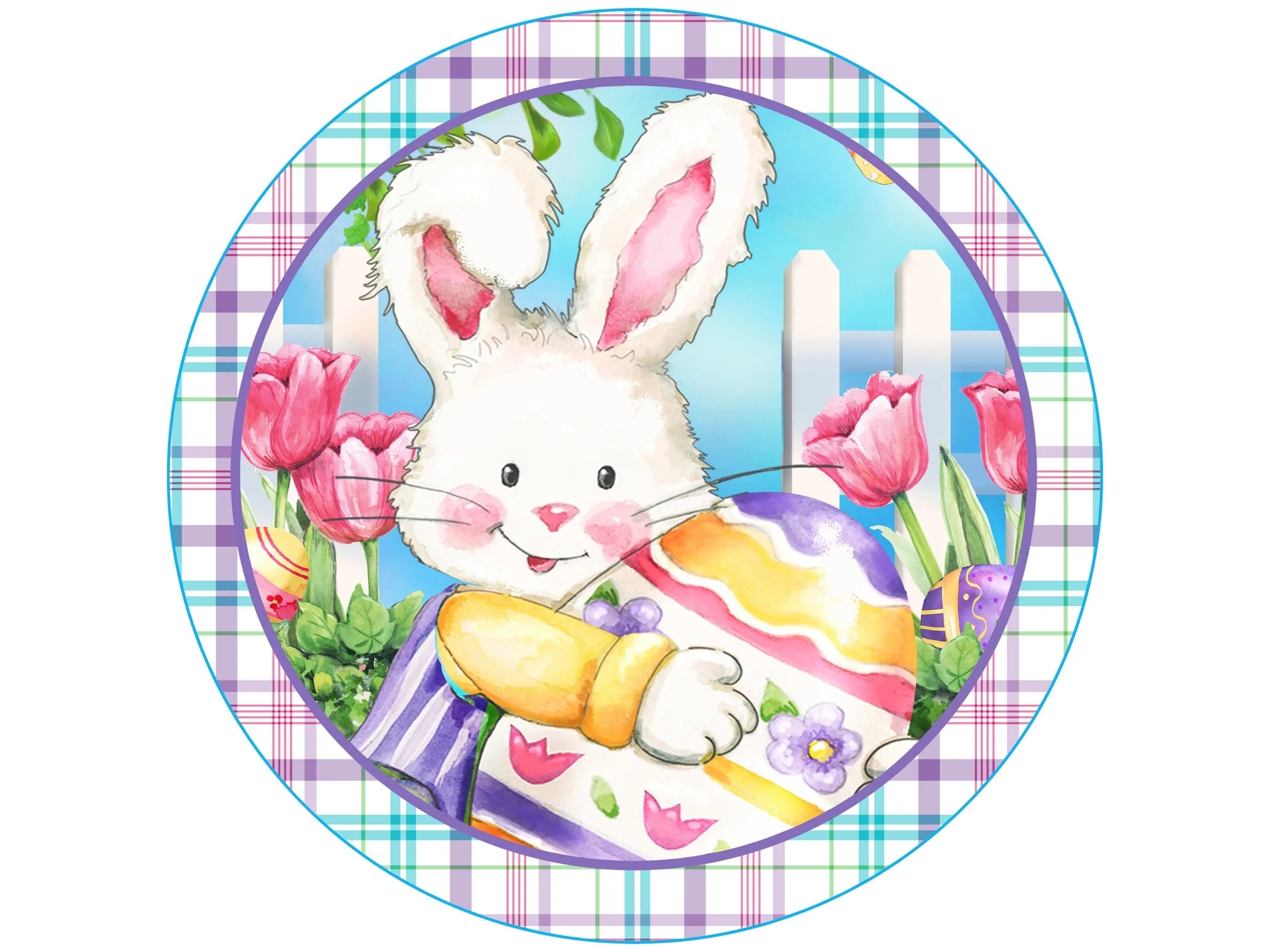 Spring Easter Bunny holding colored egg wreath sign, Easter bunny with eggs and flowers wall art, Butterfly Easter Bunny garden sign