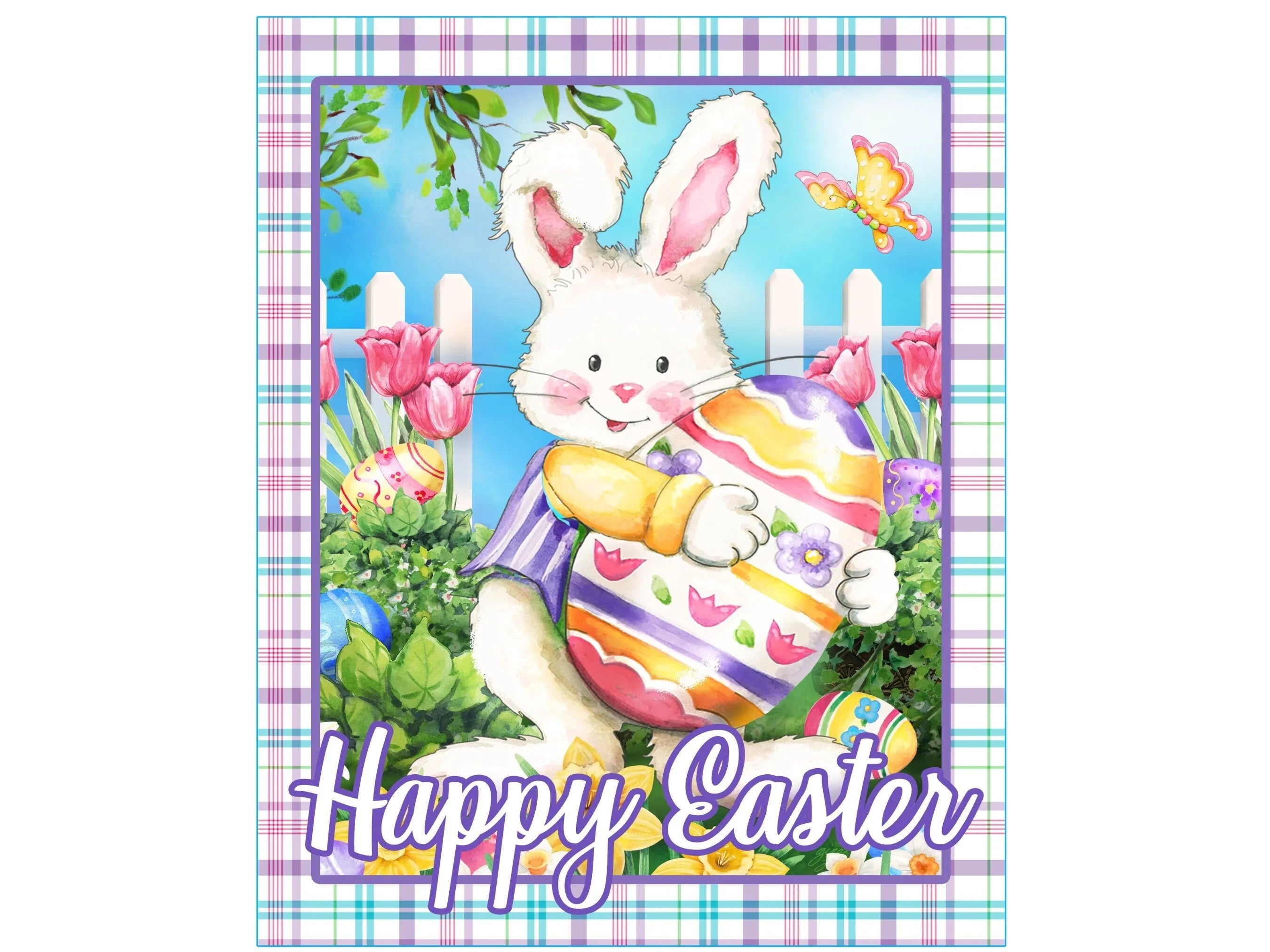 Spring Happy Easter Bunny holding colored egg wreath sign, Easter bunny with eggs and flowers wall art, Butterfly Easter Bunny garden sign
