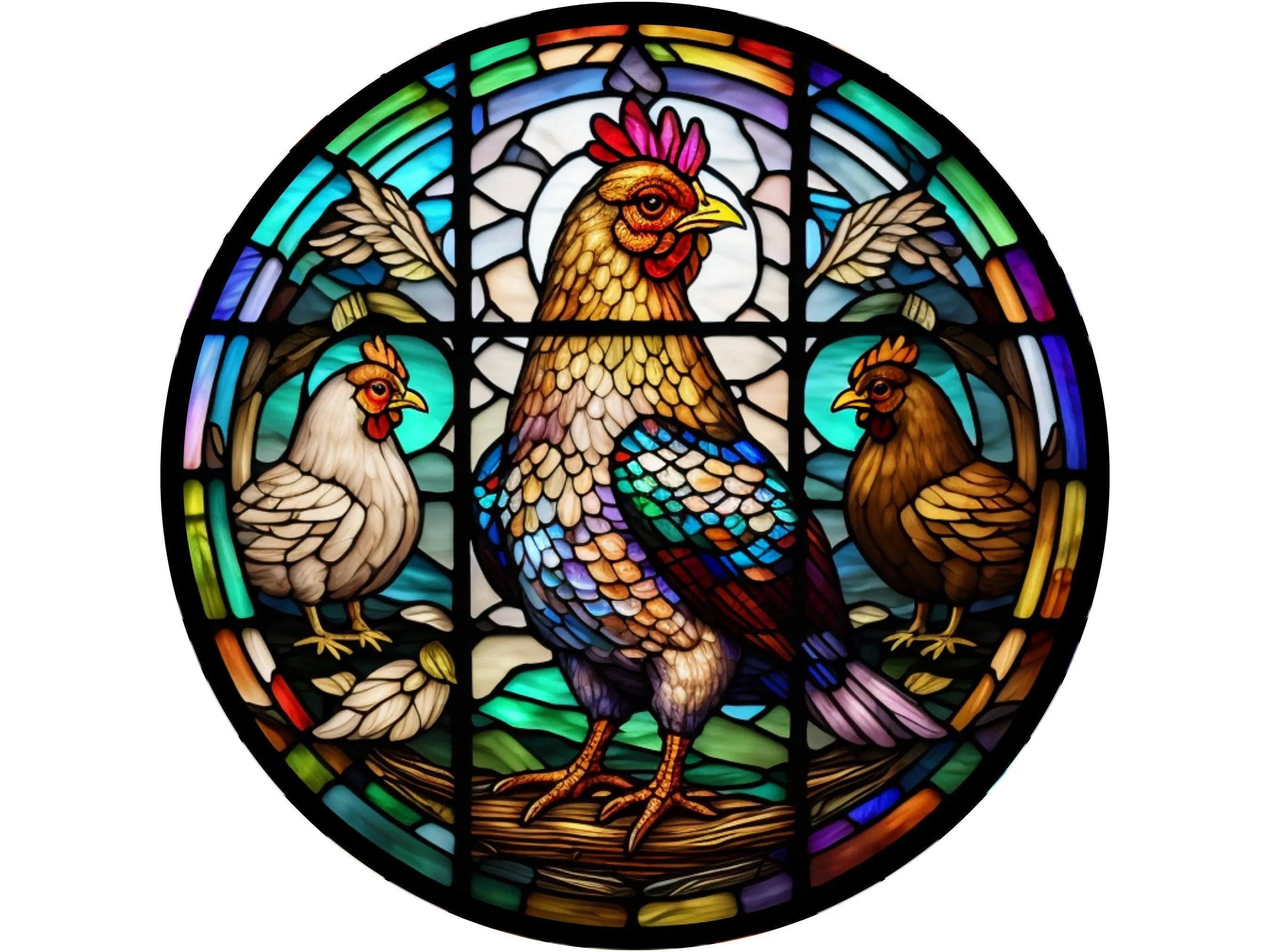 Letrero de corona con forma de gallinas en vitrales para ventana de iglesia