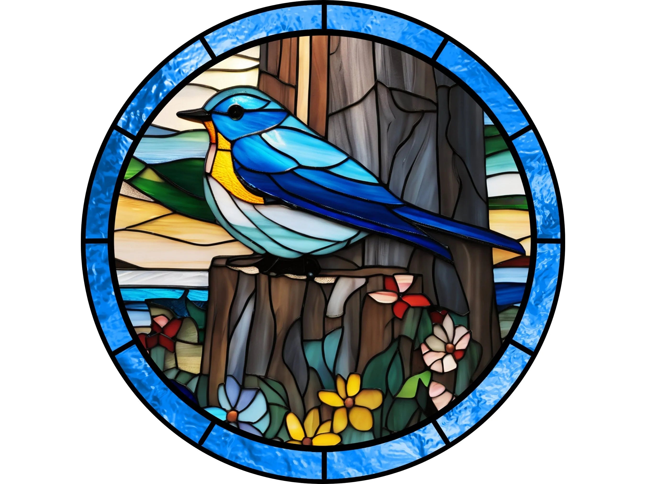 Vitral de iglesia con letrero de corona de pájaro azul, pájaro descansando sobre un tocón de árbol, arte de pared