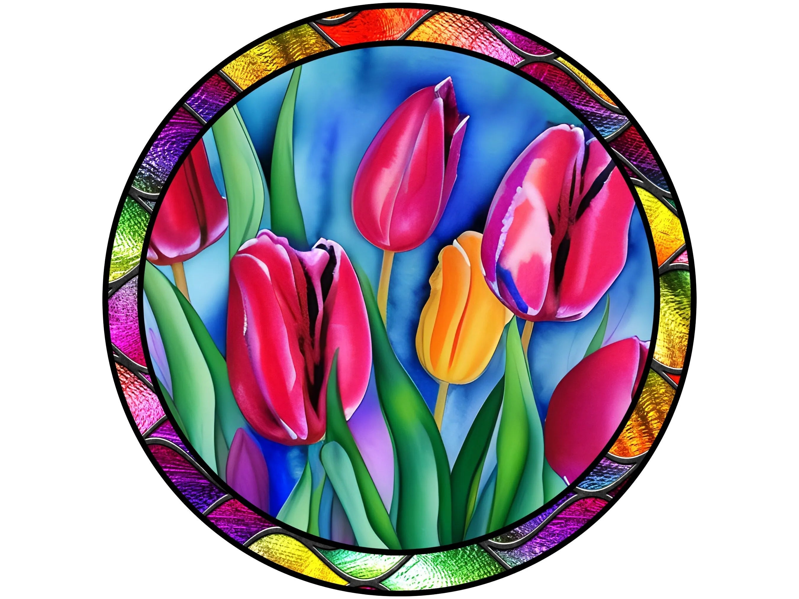 Letrero de corona de tulipanes de colores en vitrales de iglesia, arte de pared con flores de primavera, accesorio de corona de tulipanes de primavera