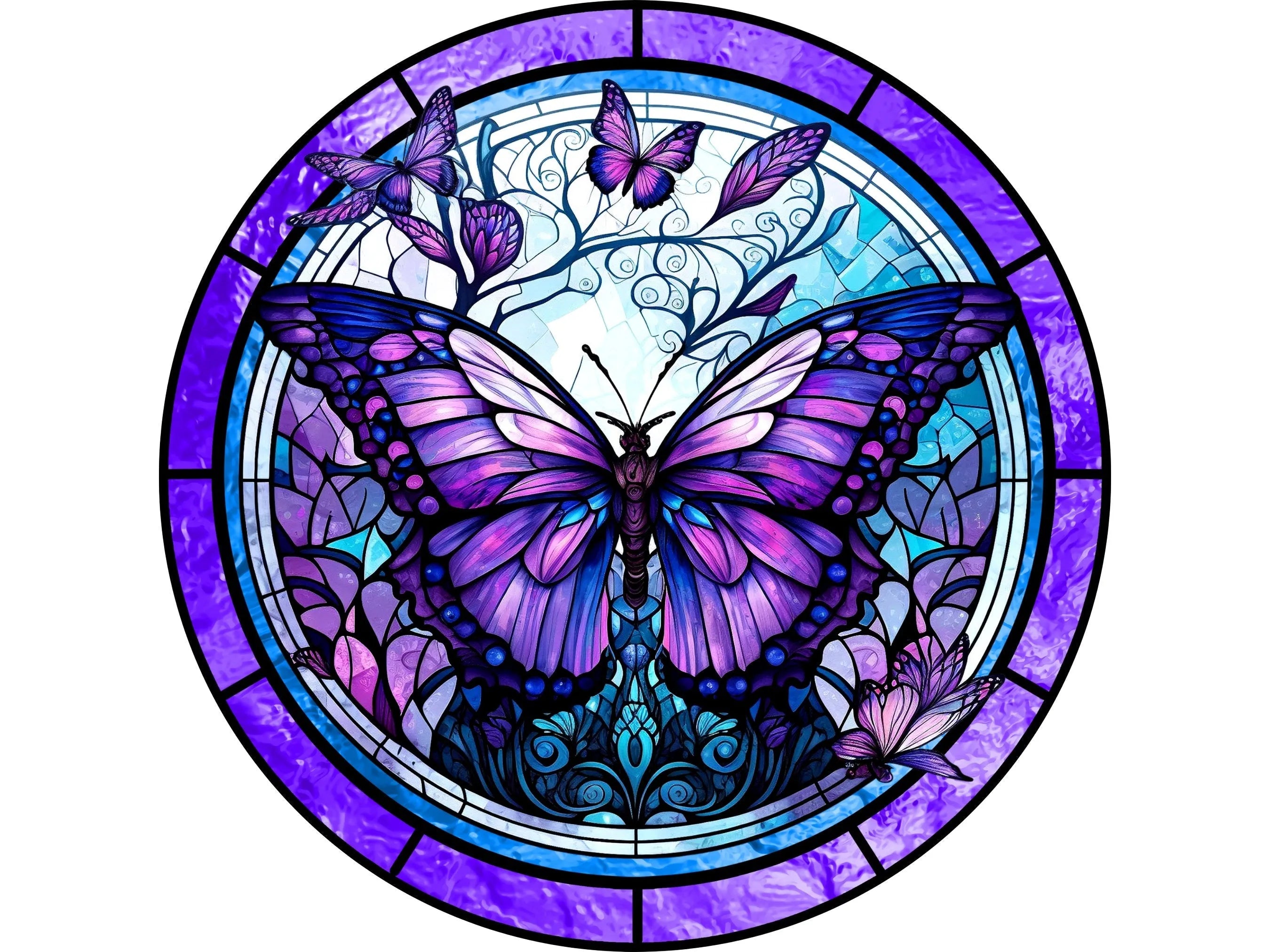 Letrero de corona de mariposa morada con diseño floral de vitral para ventana de iglesia, accesorio de corona de mariposa morada, letrero para primavera