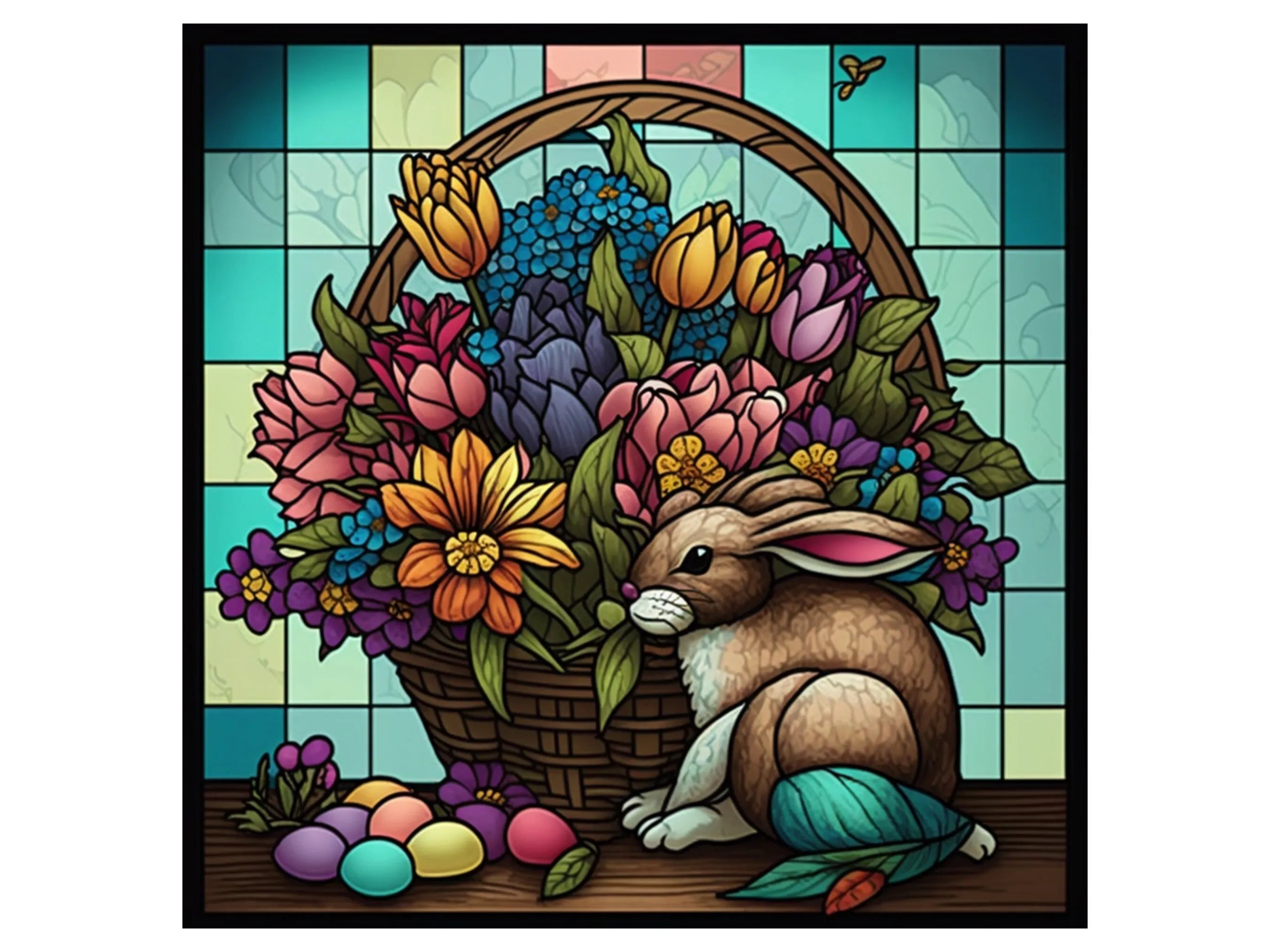 Letrero de vitral con forma de conejito y corona floral, letrero de conejito con canasta floral, elegante letrero de vitral victoriano.