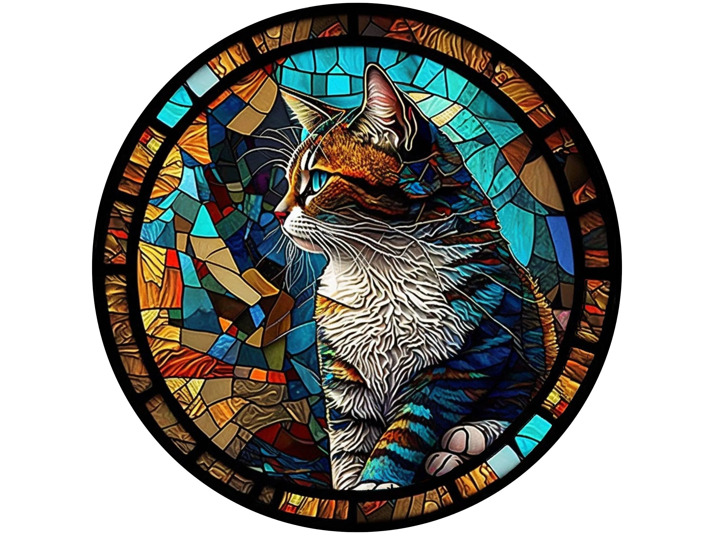 Letrero de corona de gato realista de vitral, letrero de gato de vitral de iglesia, arte de pared de gato de mosaico, letrero de gato mirando por la ventana