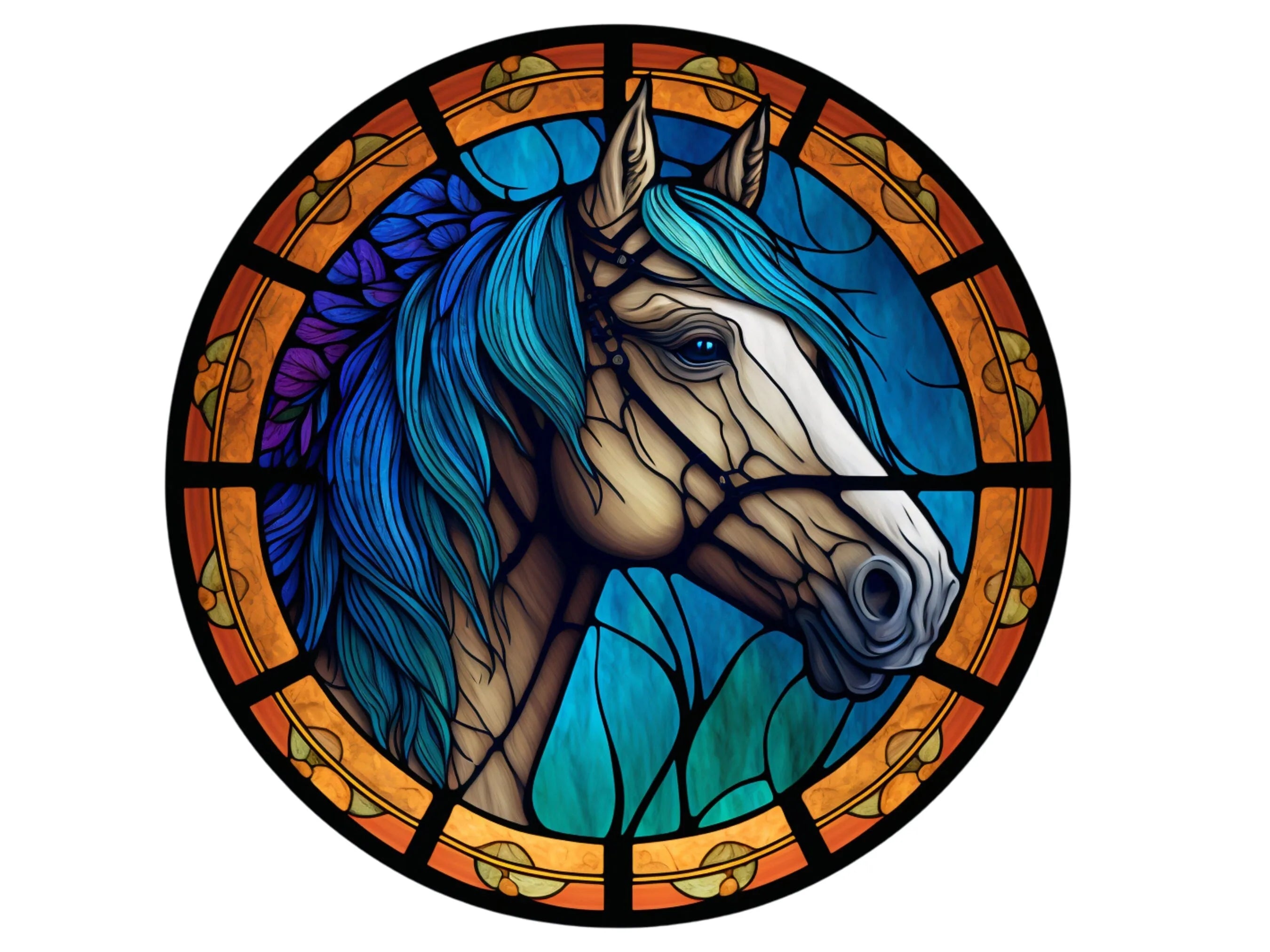Letrero de corona de caballo realista con vitrales, letrero de caballo con vitrales de iglesia, arte mural de caballo en mosaico, letrero de caballo mirando por la ventana