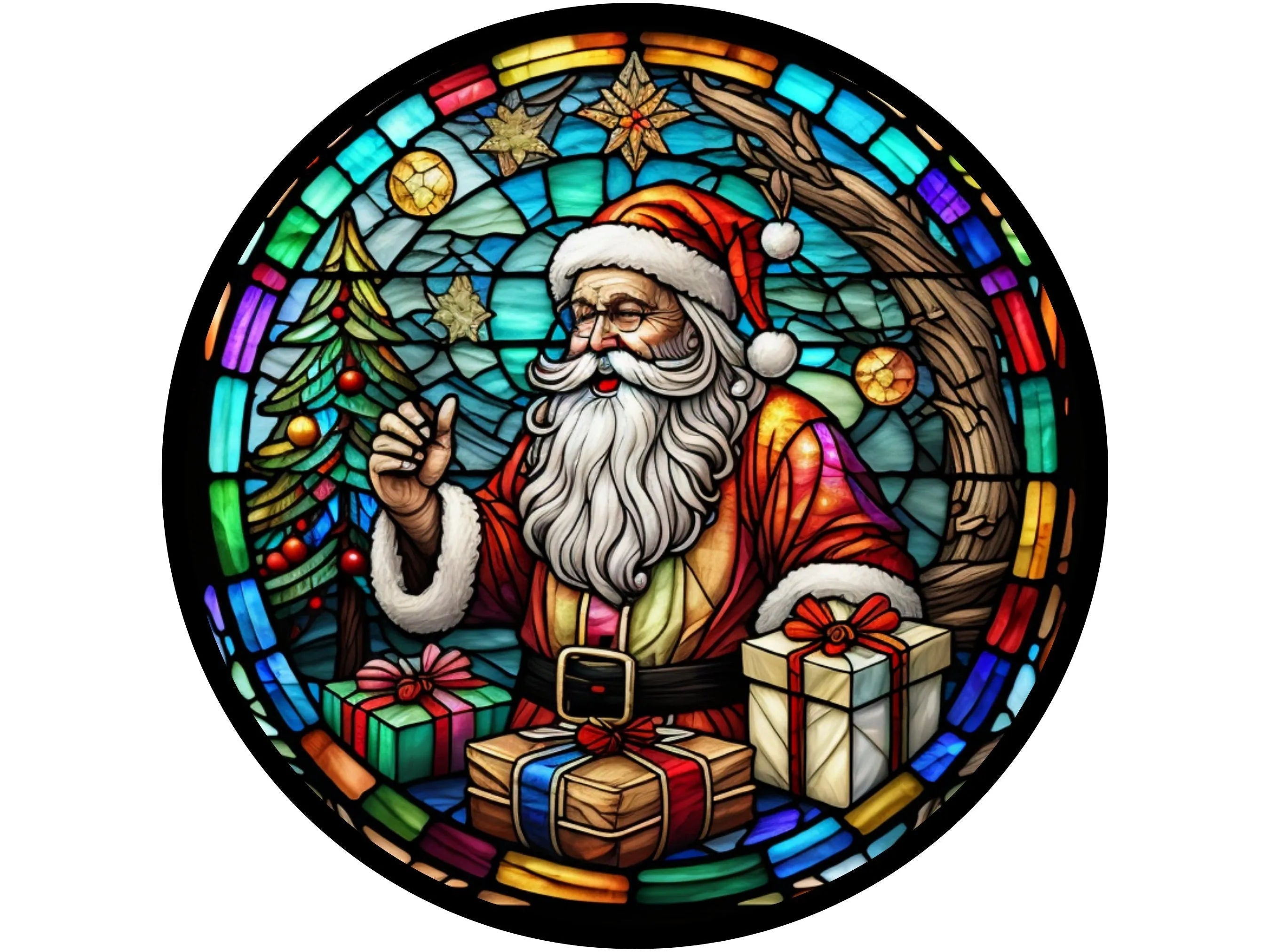 Corona navideña tradicional de Papá Noel con vitrales, corona clásica de San Nicolás, arte mural alegre de Papá Noel.