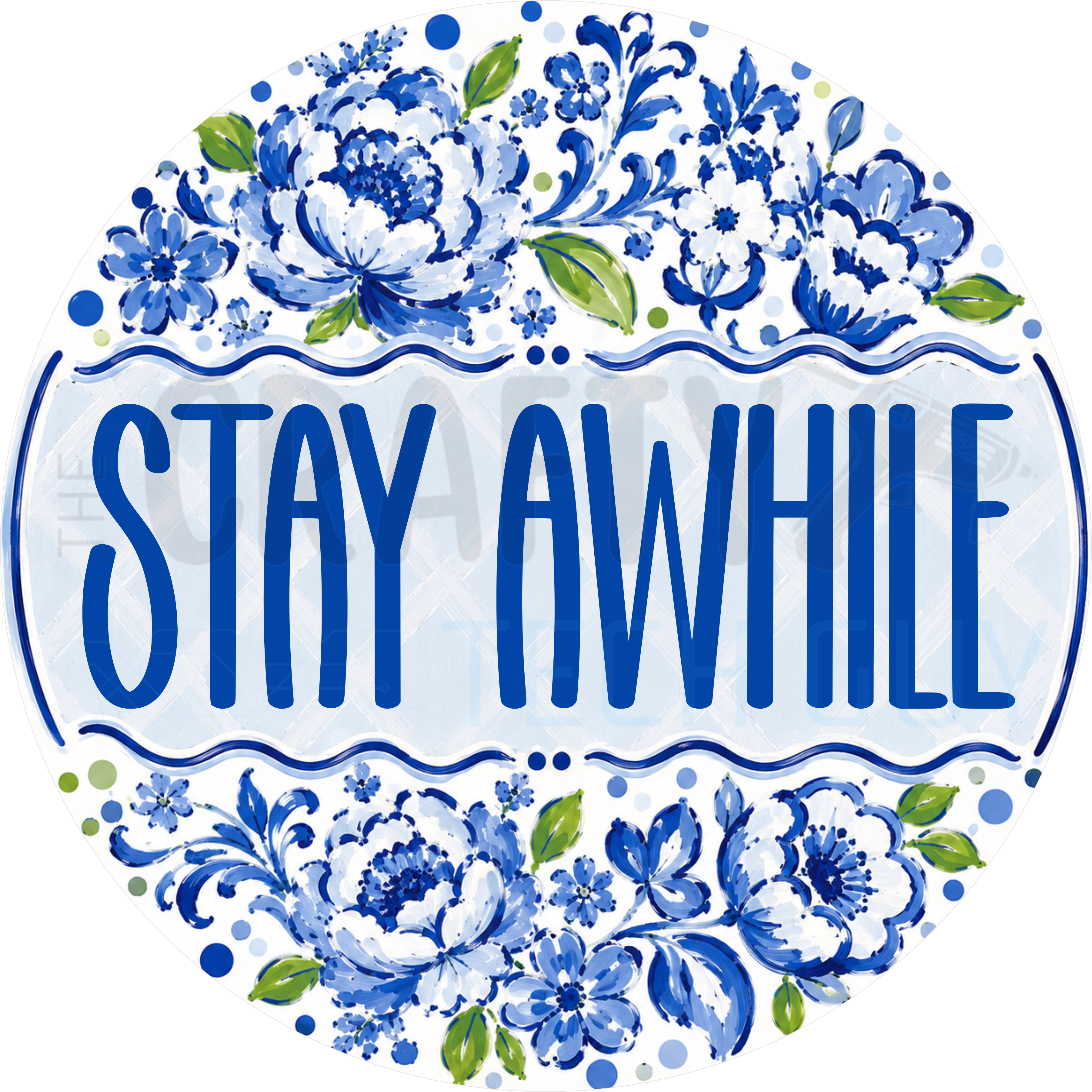 Stay Awhile round wreath sign in coated aluminum, showing blue and white chinoiserie peonies and scrolling foliage around a pale blue lattice lettering panel