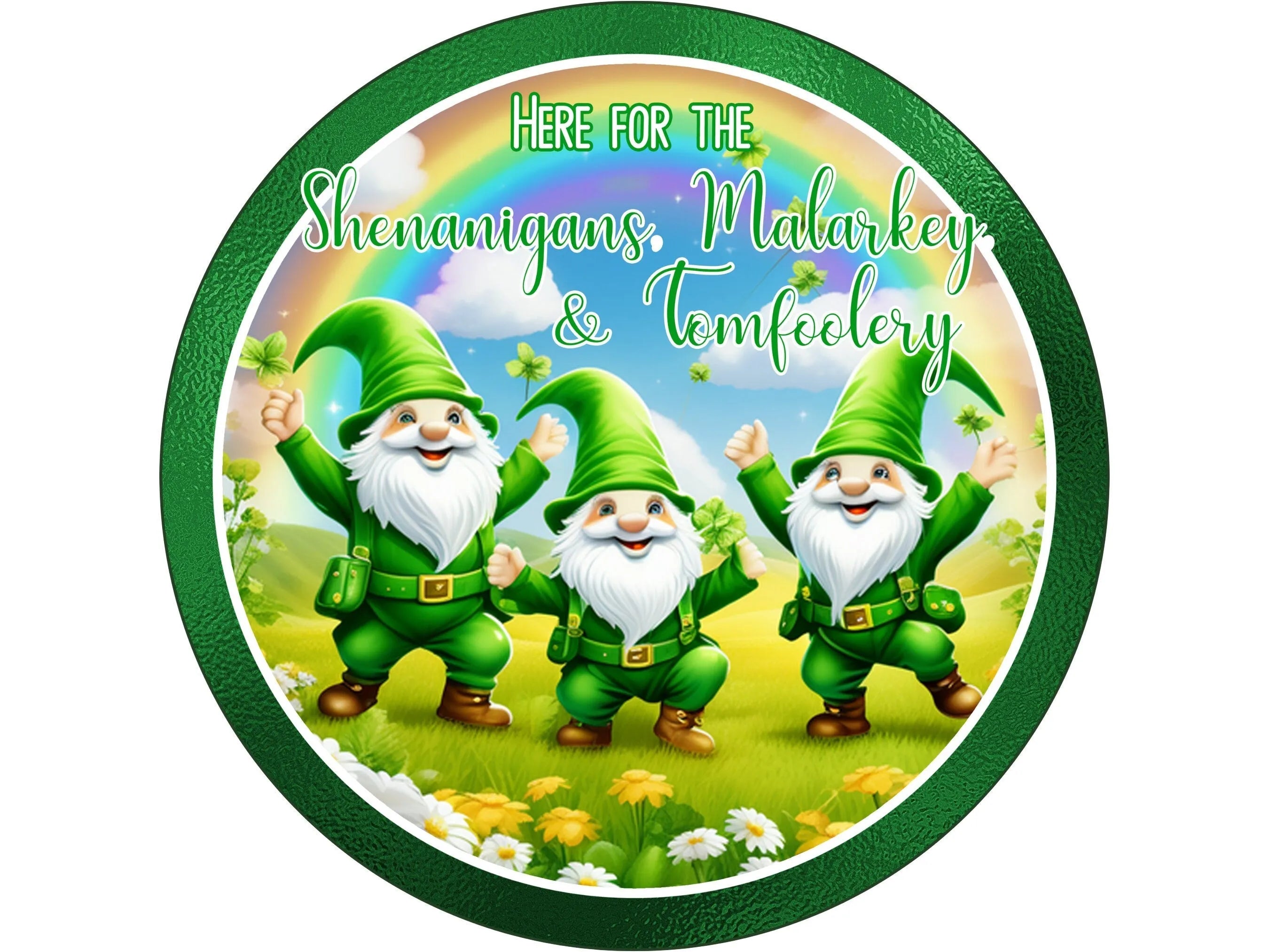 Gnomo del Día de San Patricio con margaritas y letrero de corona de arcoíris, arte de pared de día soleado de gnomo duende, letrero para marzo